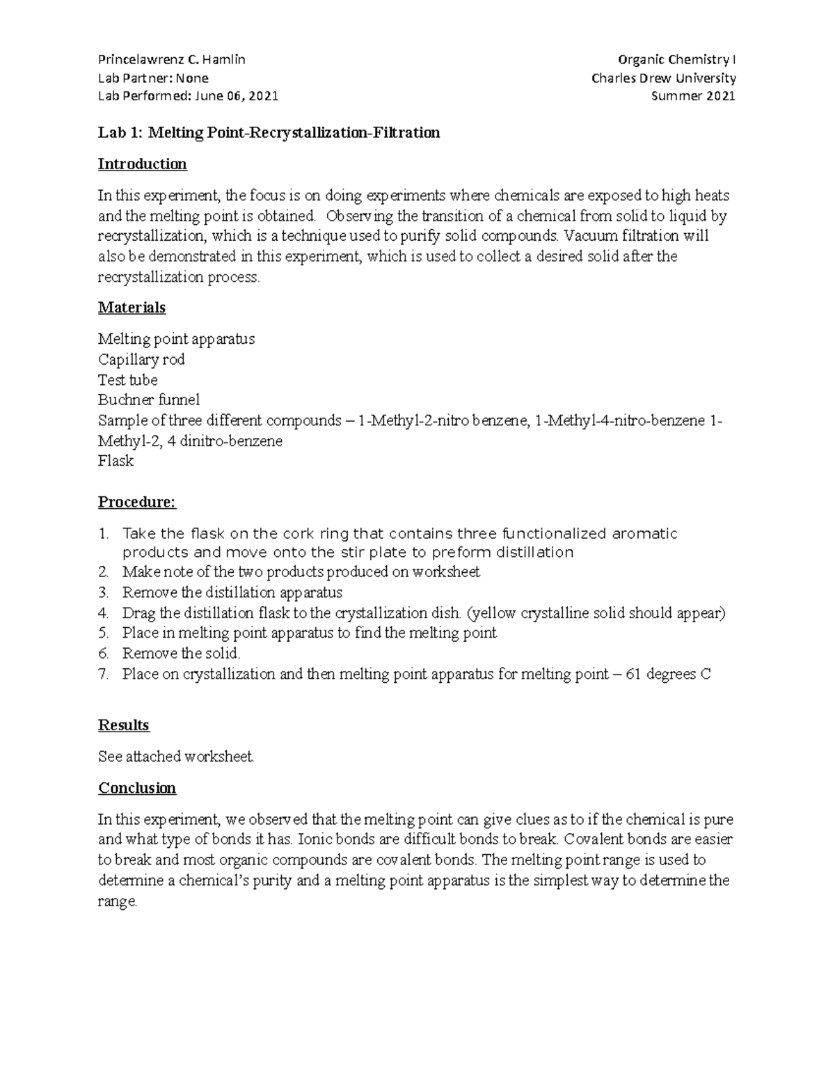 Organic Chem Lab 1 (organic Chemistry I) - Princelawrenz C. Hamlin 