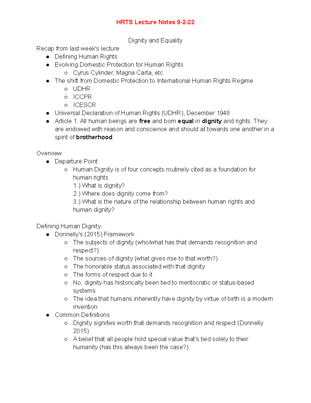 HRTS Lecture Notes 9-2-22 - Dignity and Equality Recap from last week's ...