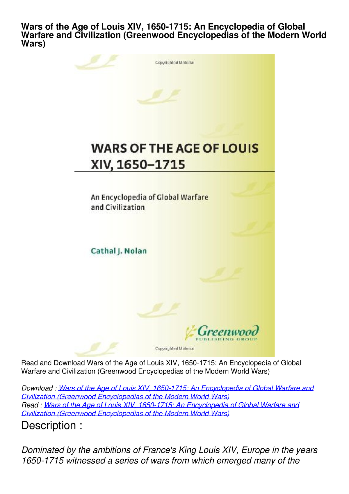 Get [PDF]Wars Of The Age Of Louis XIV, 1650-1715: An Encyclopedia Of ...