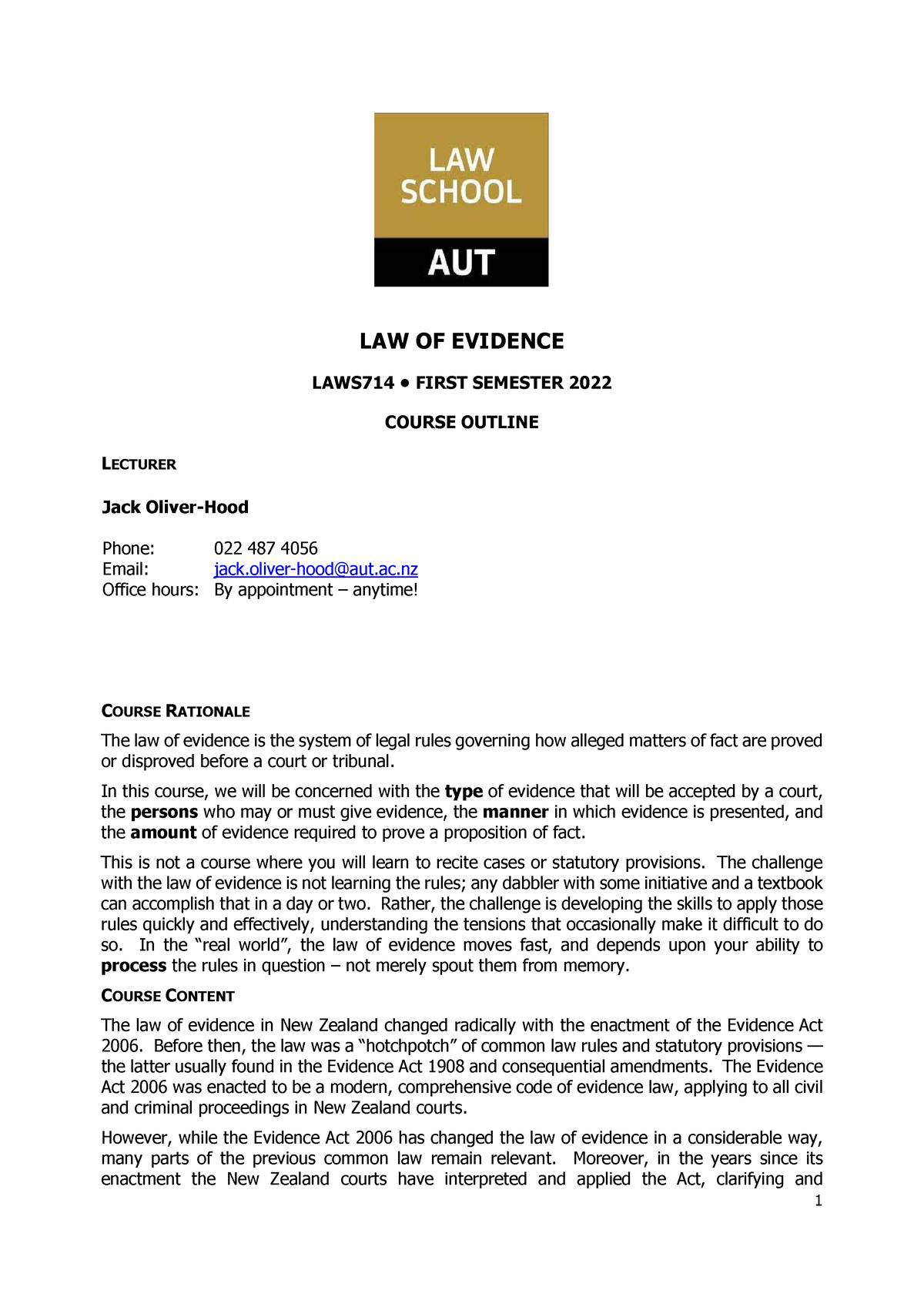 Course Resource Booklet Of Cases - 1 LAW OF EVIDENCE LAWS714 • FIRST ...