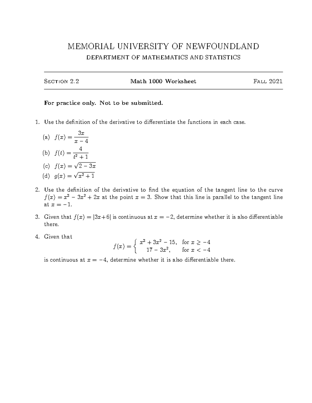 worksheets for Midterm 2 - Math 1000 - Memorial University - Studocu