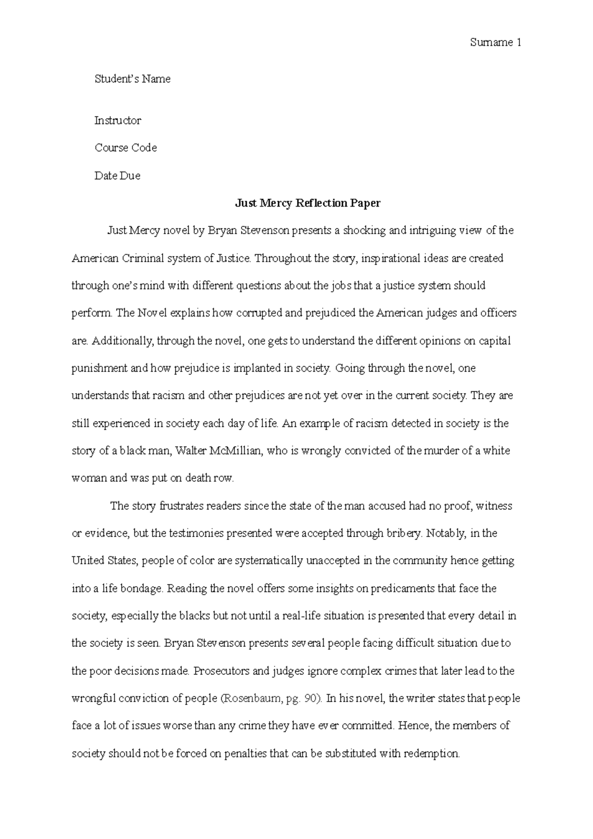 Just Mercy Reflection Paper English A Student’s Name Instructor