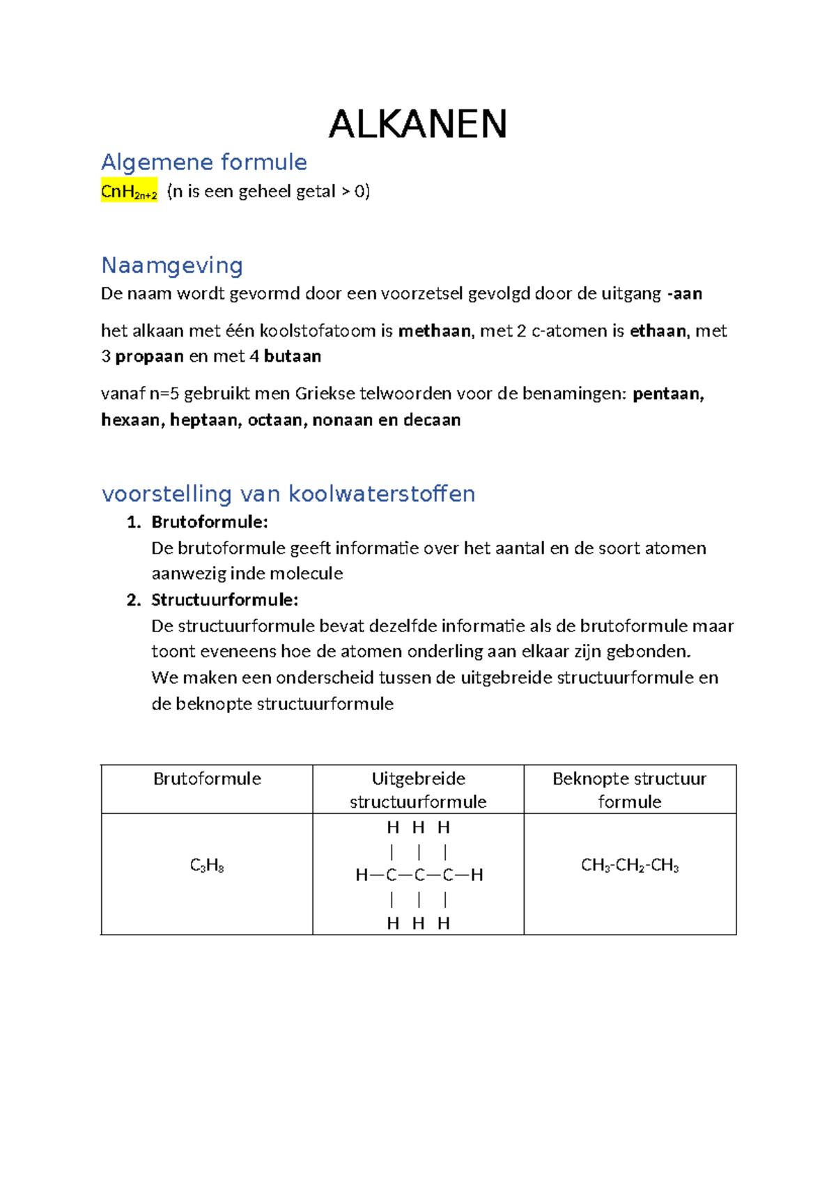 Chemie alkanen, alcoholen en carbonzuren - ALKANEN Algemene formule ...