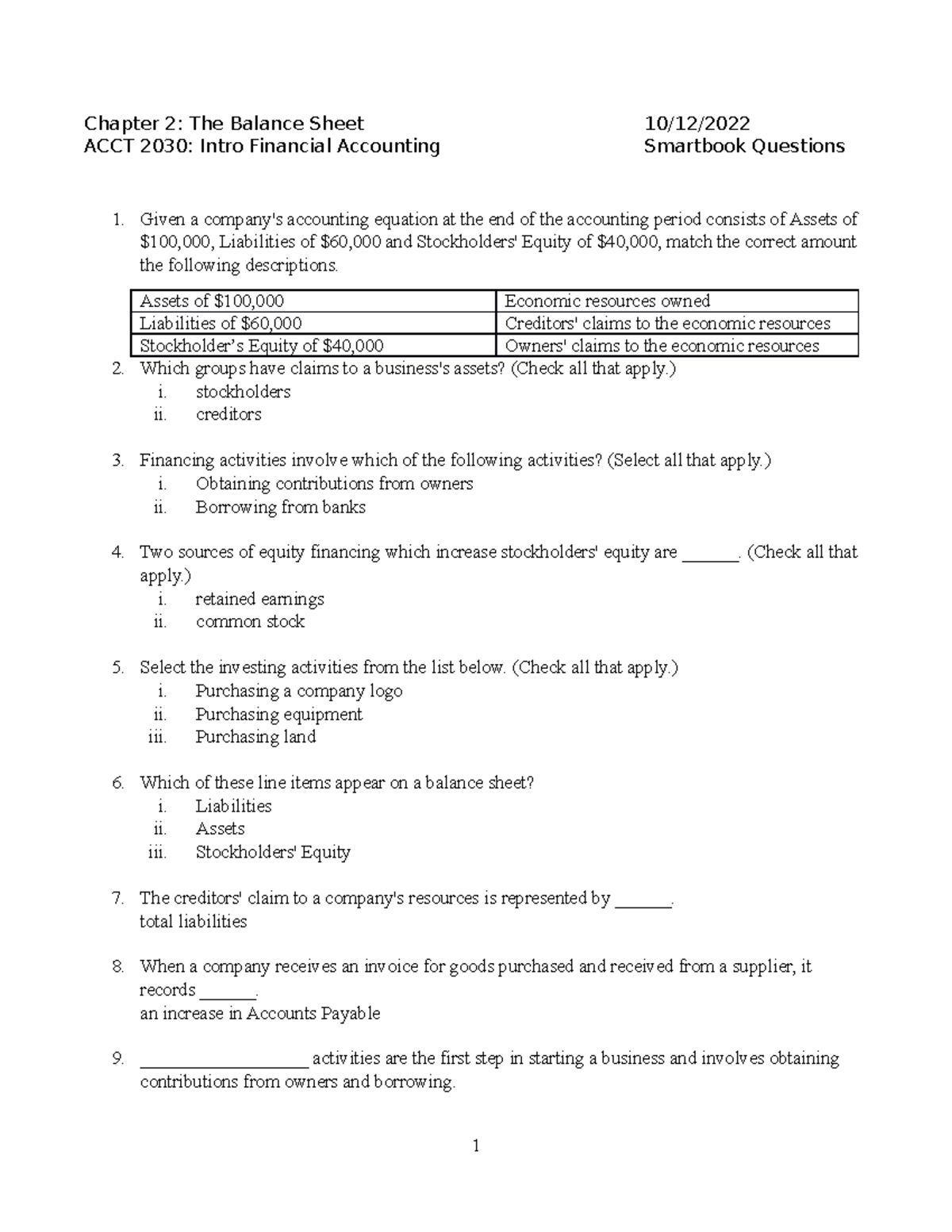 Basic Balance Sheet Questions And Answers