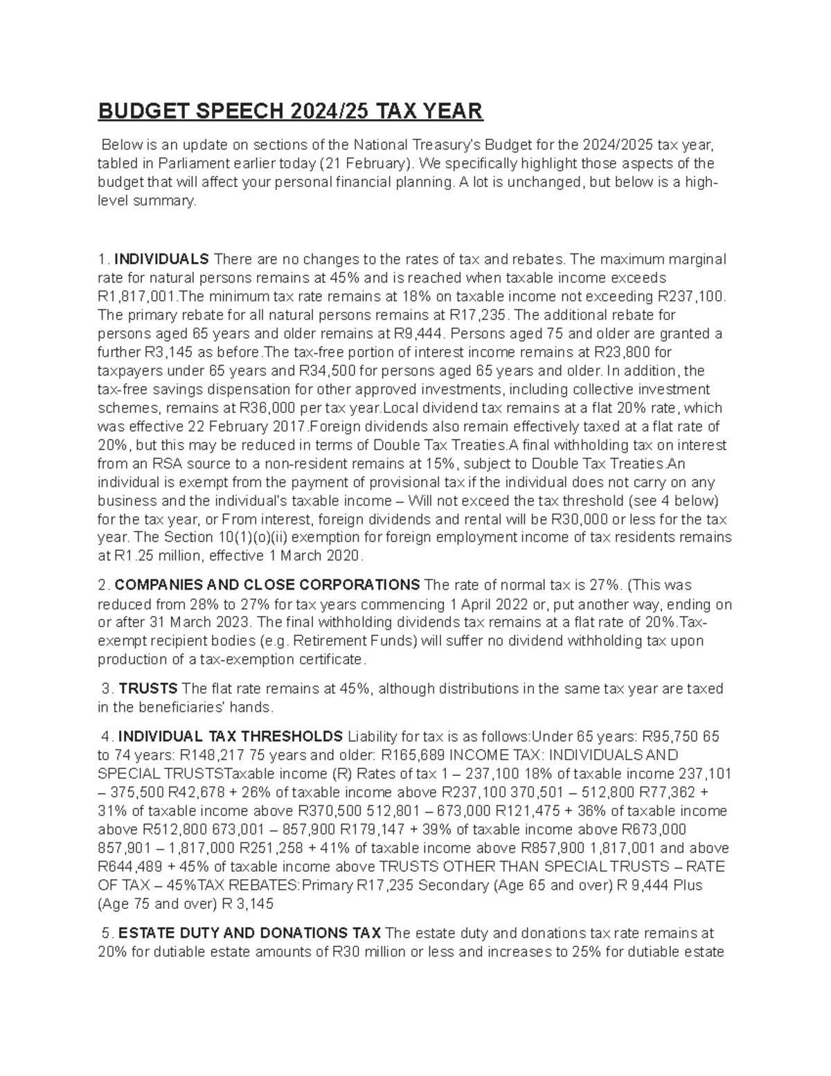 Budget Speech 2024 - Summary Taxation 200 - BUDGET SPEECH 2024/25 TAX ...