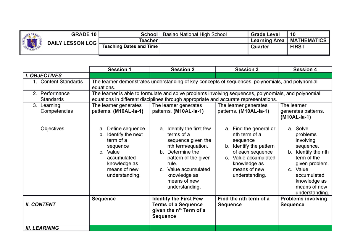 G10 DLL First Quarter - 10 DLL - GRADE 10 DAILY LESSON LOG School ...