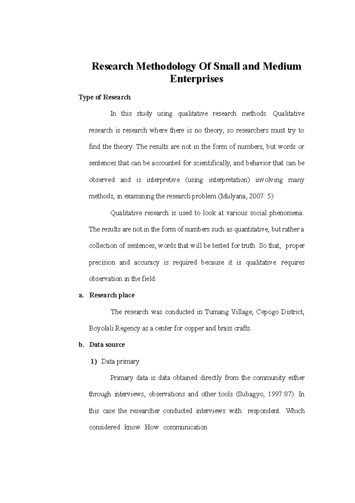Research Methodology Of Small and Medium Enterprises - Qualitative ...