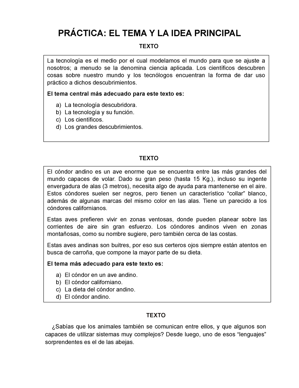 1 Tema Central Y La Idea Principal PrÁctica El Tema Y La Idea Principal Texto Texto Texto 6331