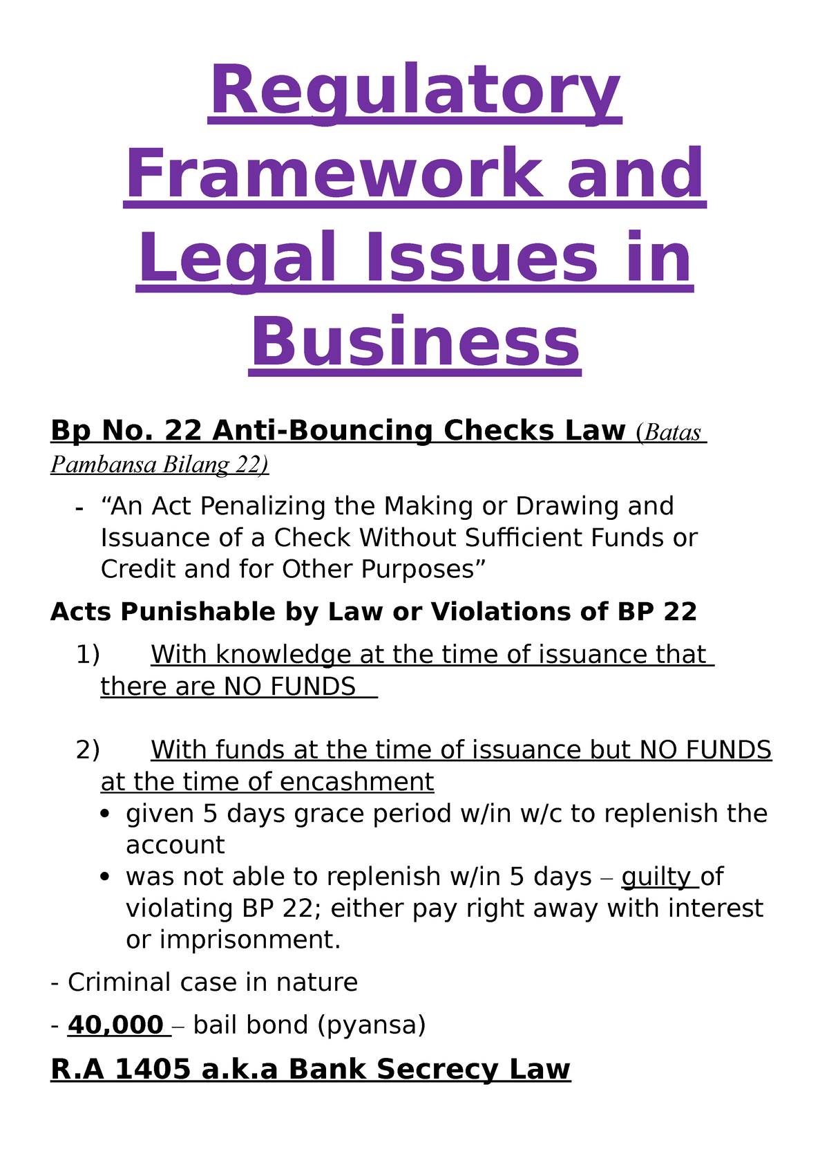 Notes In Regulatory Framework And Legal Issues In Business Regulatory Framework And Legal