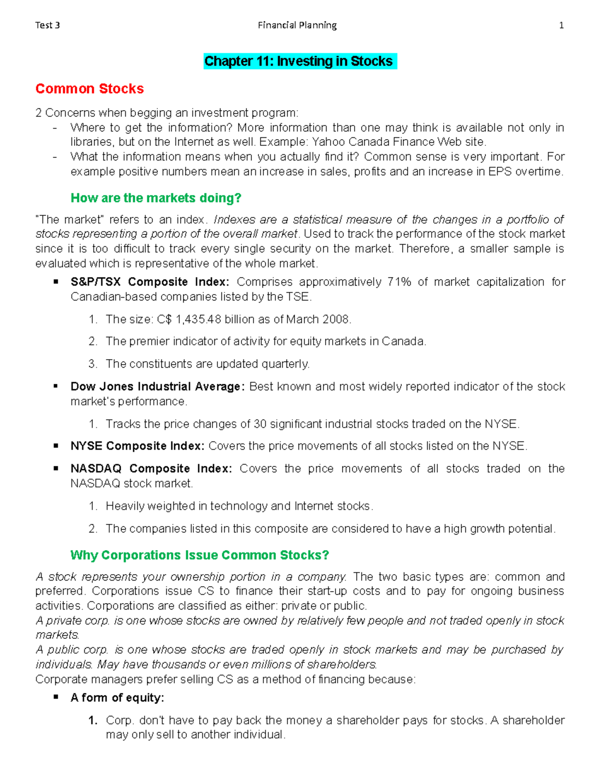 Summary of course material - Test 3 - Chapter 11: Investing in Stocks Common Stocks 2 Concerns ...
