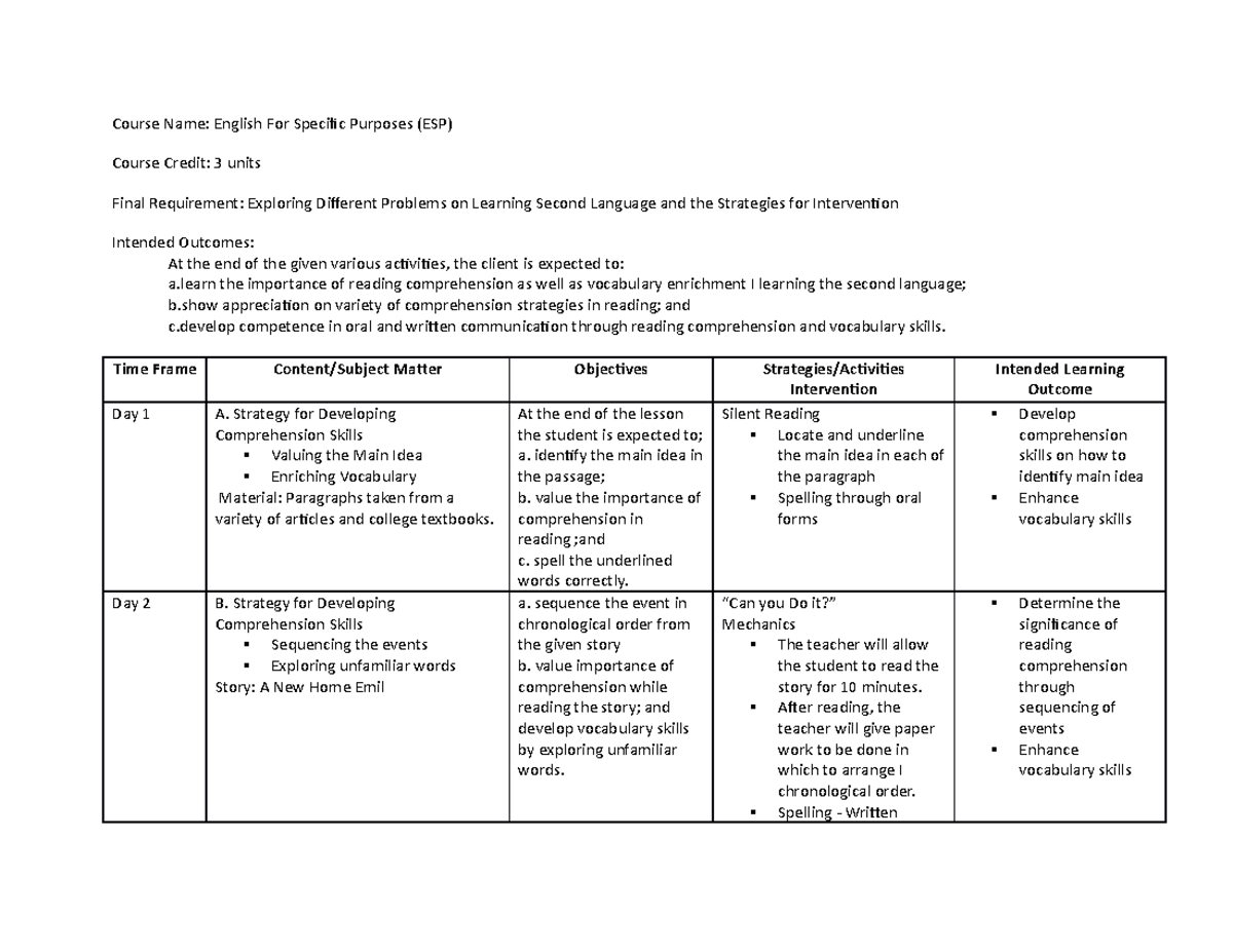 Sample Log plan - For English and Academic Purposes Course - Course ...