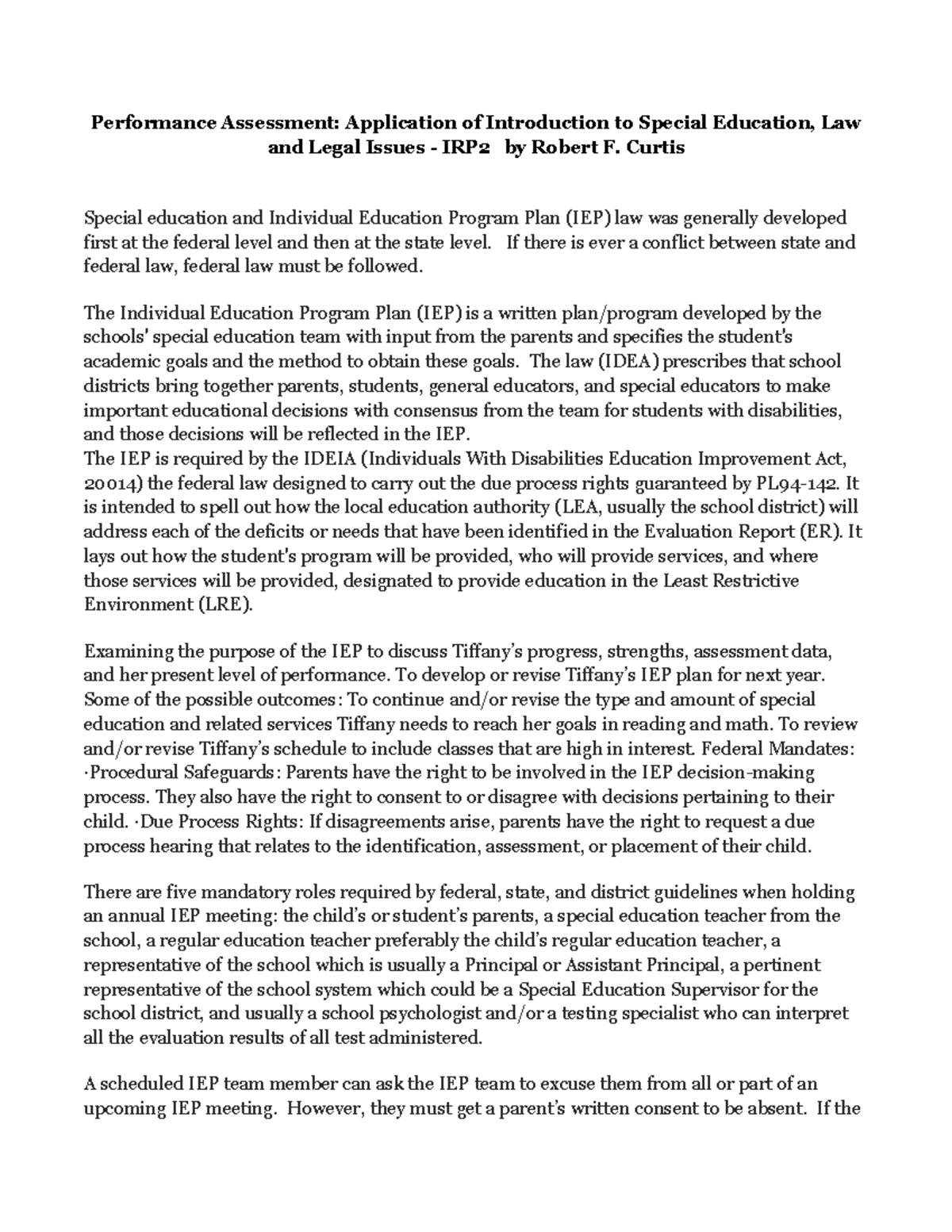 Robert F. Curtis and Introducation to Special Education - Performance ...