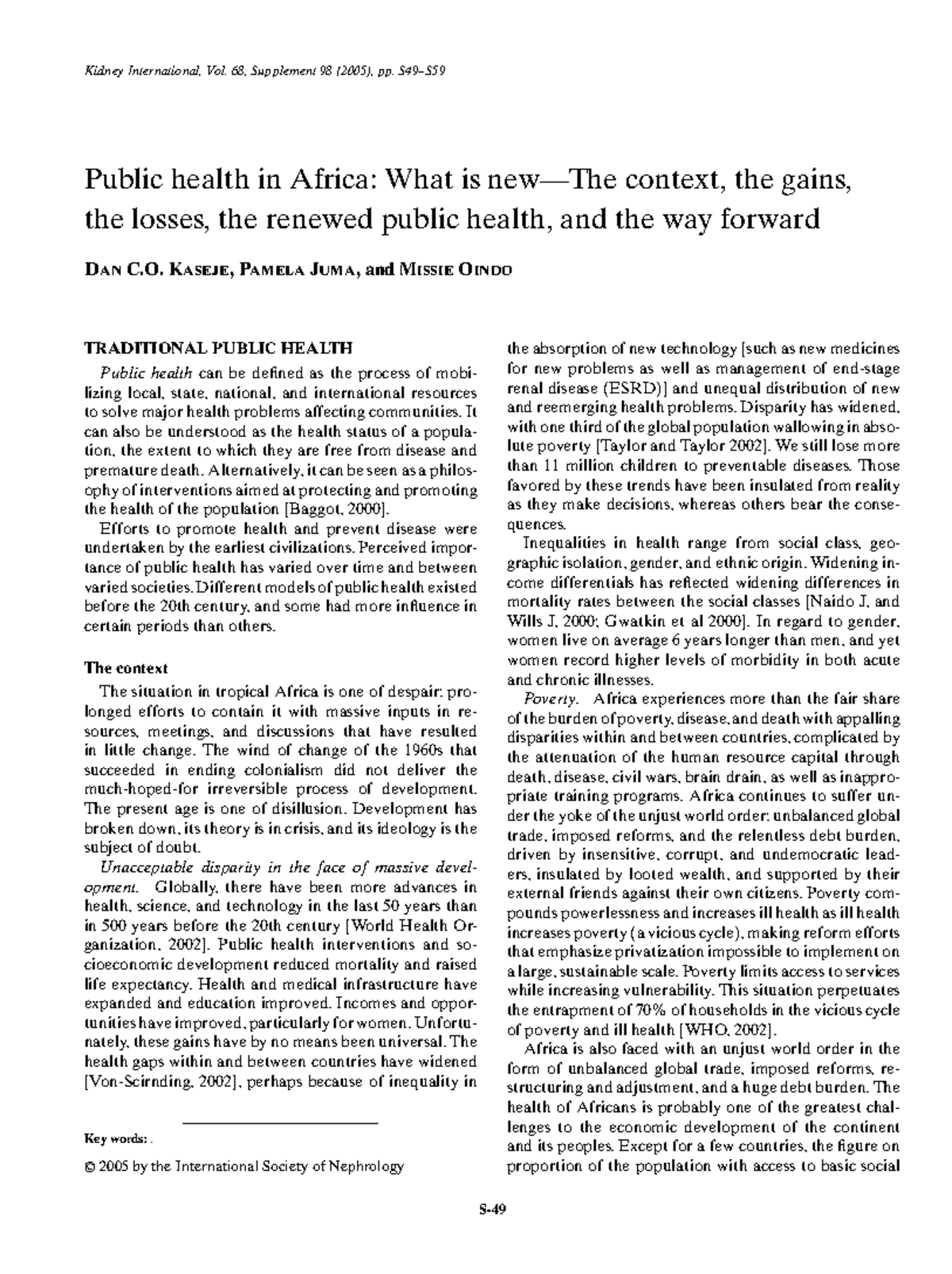 Public Health in Africa - Kidney International, Vol. 68, Supplement 98 ...