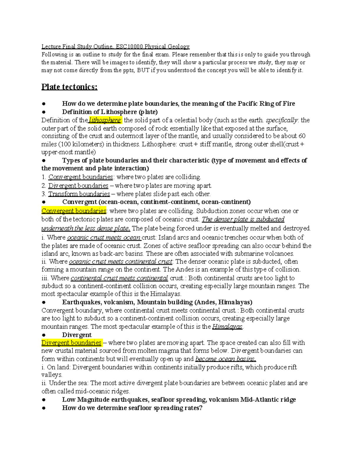 Lecture Study Guide- Completed - Lecture Final Study Outline, ESC10000 ...