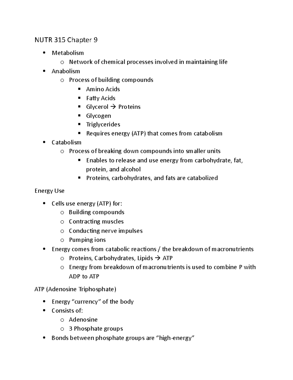 NUTR 315 Chap 9 - Energy Metabolism - NUTR 315 Chapter 9 Metabolism O ...