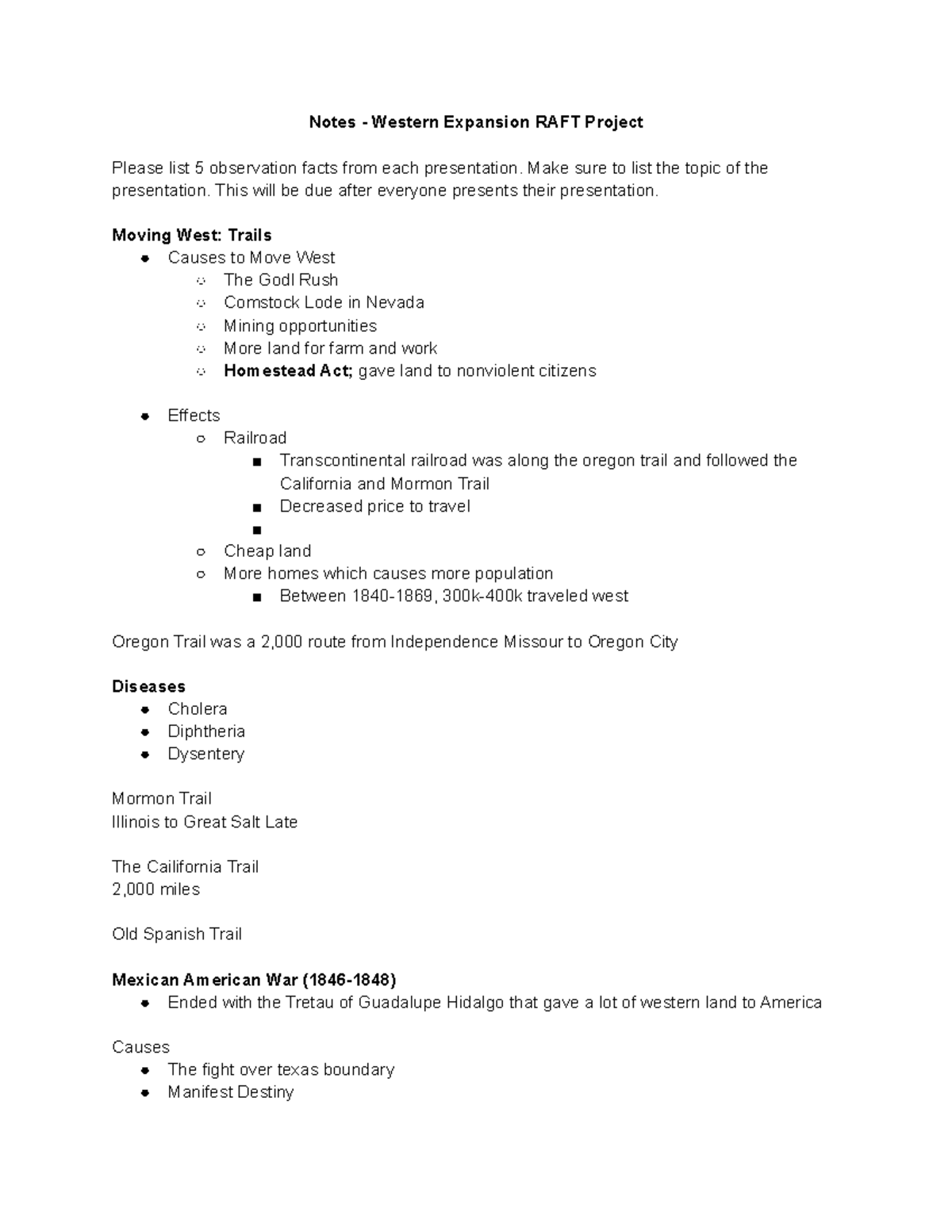 RAFT Project Notes on Westward Expansion Notes Western Expansion