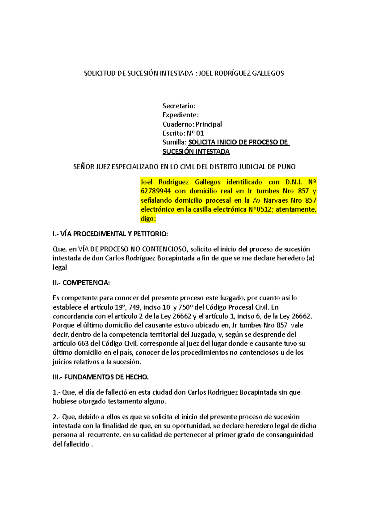Modelo DE Escrito JOEL Rodriguez - SOLICITUD DE SUCESIÓN INTESTADA ...