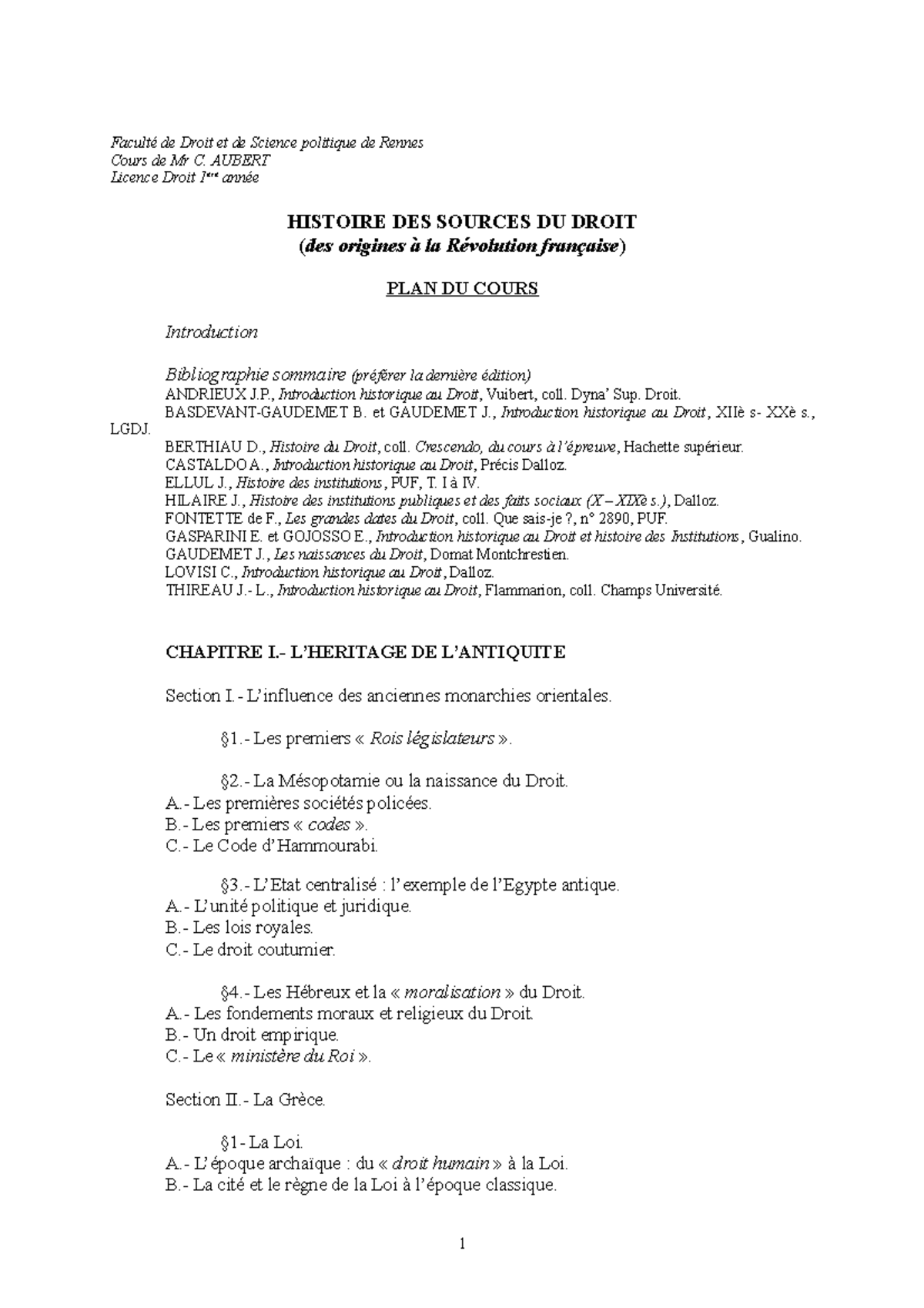 Plan Histoire des sources du Droit - Faculté de Droit et de Science ...