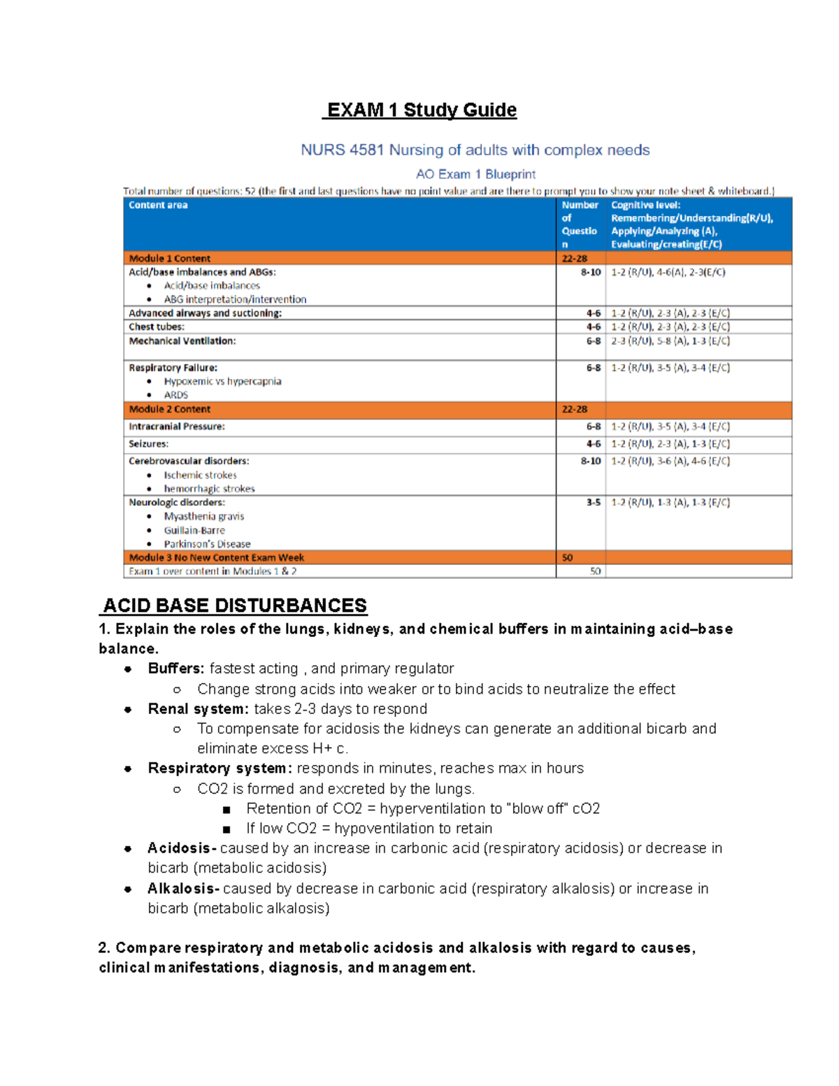 Critical Care Exam 1 Review - EXAM 1 Study Guide ACID BASE DISTURBANCES ...