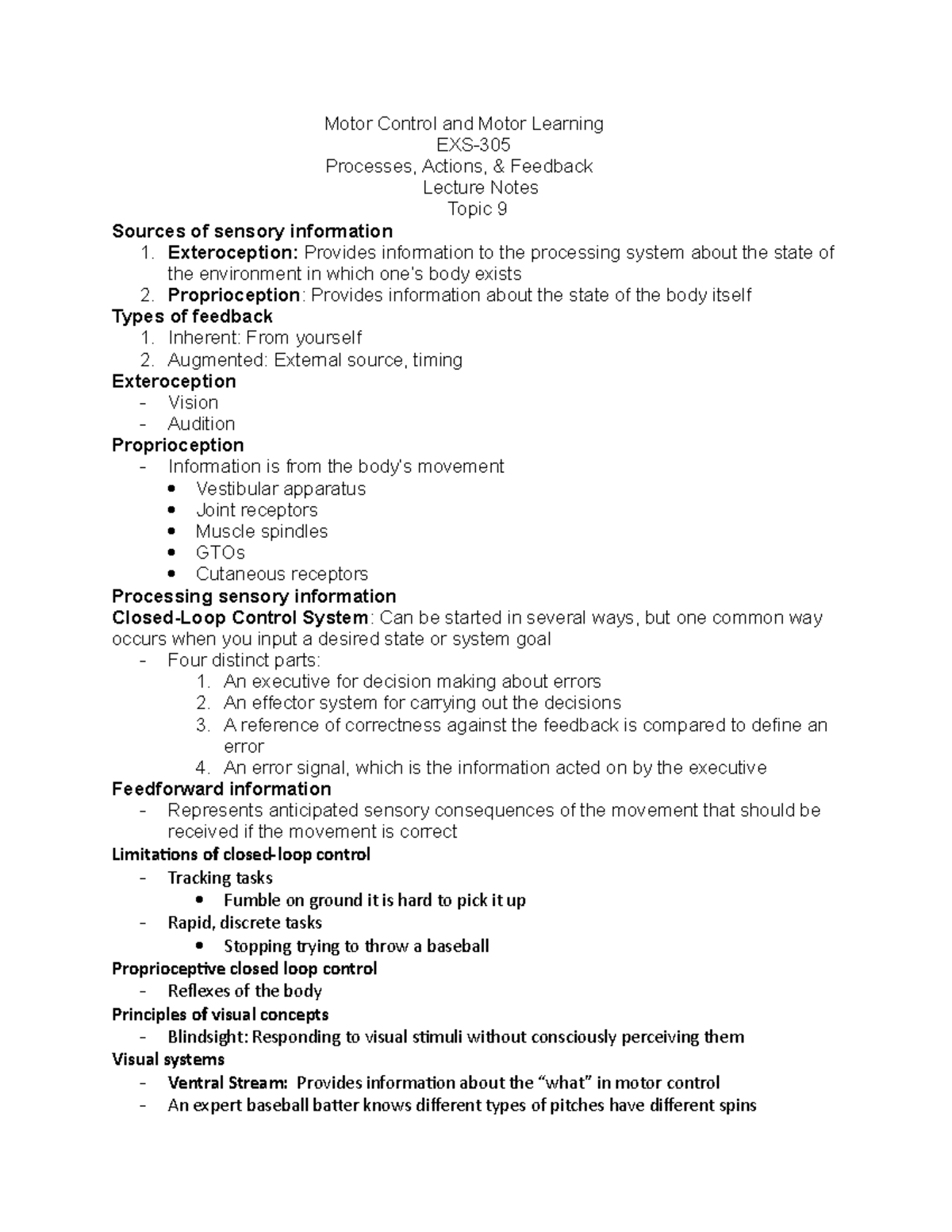 Topic 9 - in class notes - Motor Control and Motor Learning EXS ...