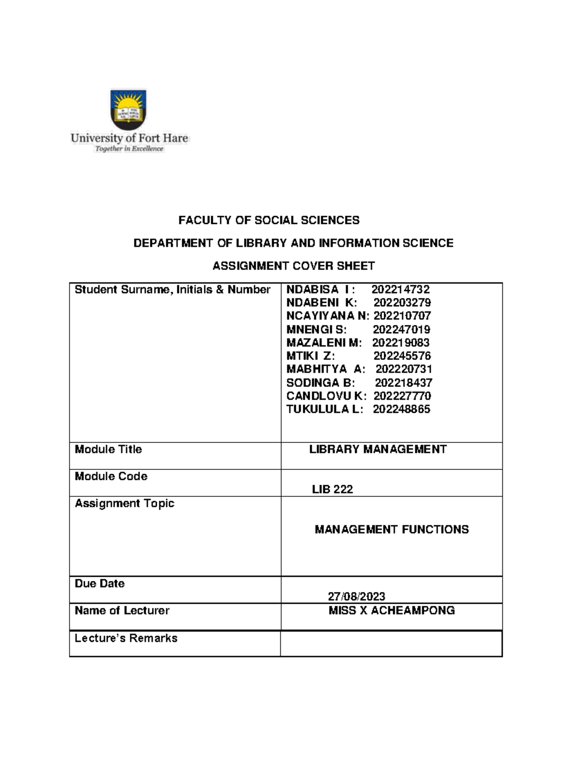 LIB 222 Assignment 1(edited) - FACULTY OF SOCIAL SCIENCES DEPARTMENT OF ...