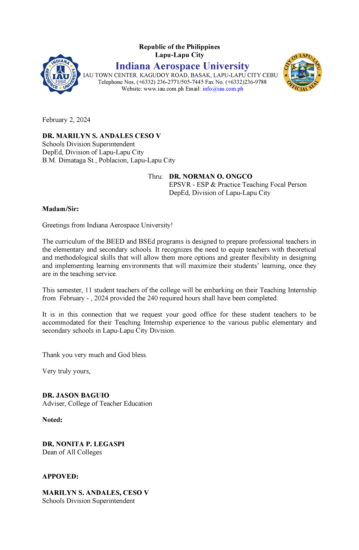 Edited Transmittal Letter TO THE Superintendent 2024 - Republic of the ...