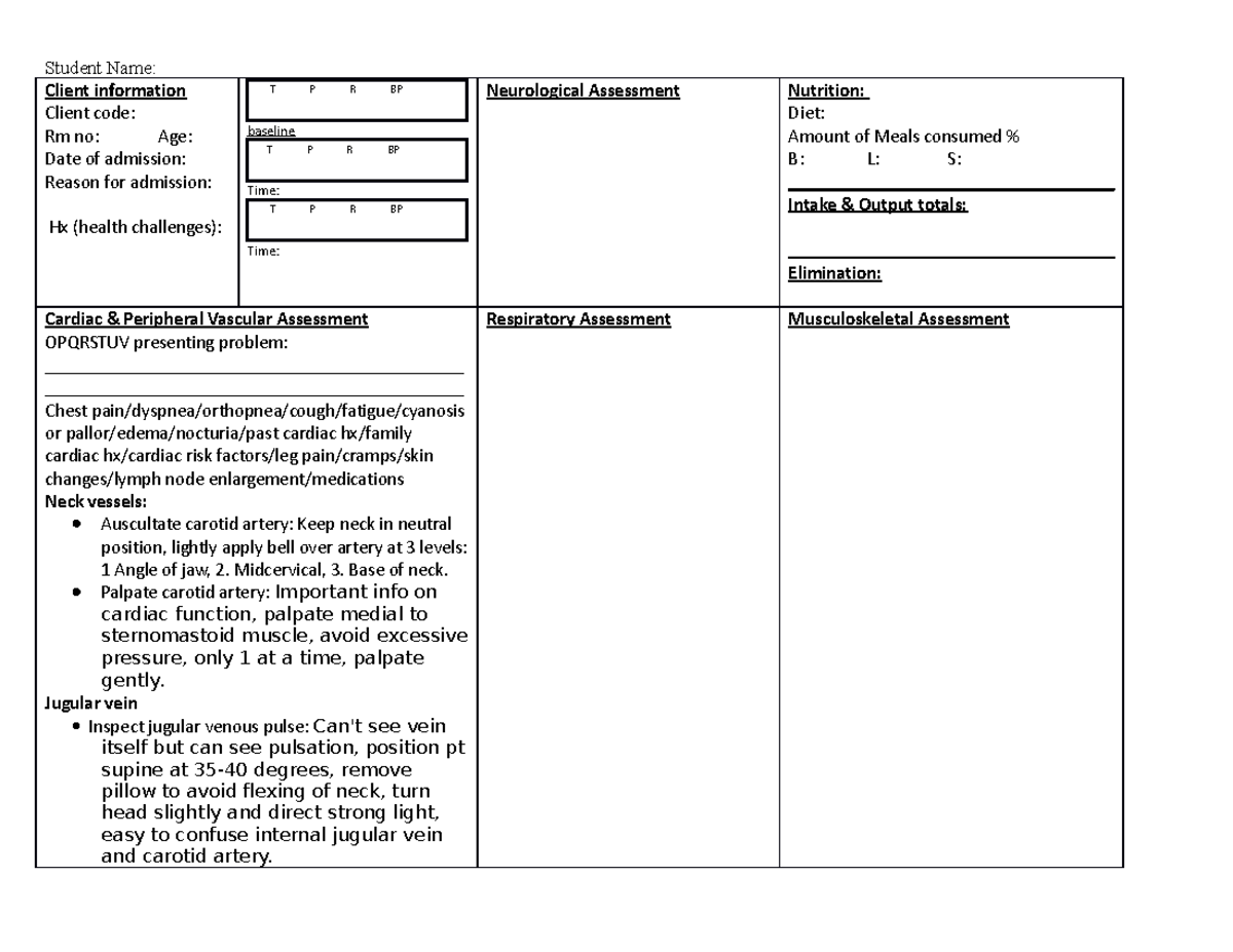 Cardiac Peripheral Vascular Worksheet 2023 - Student Name ...