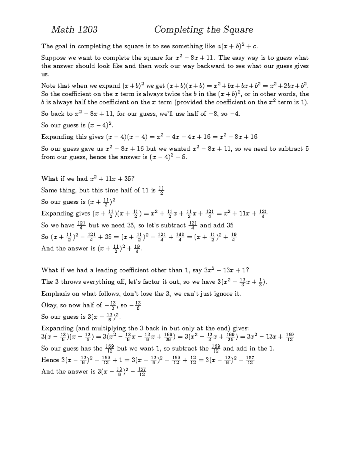 Cts College Algebra Quiz And Answers Math 1203 Completing The