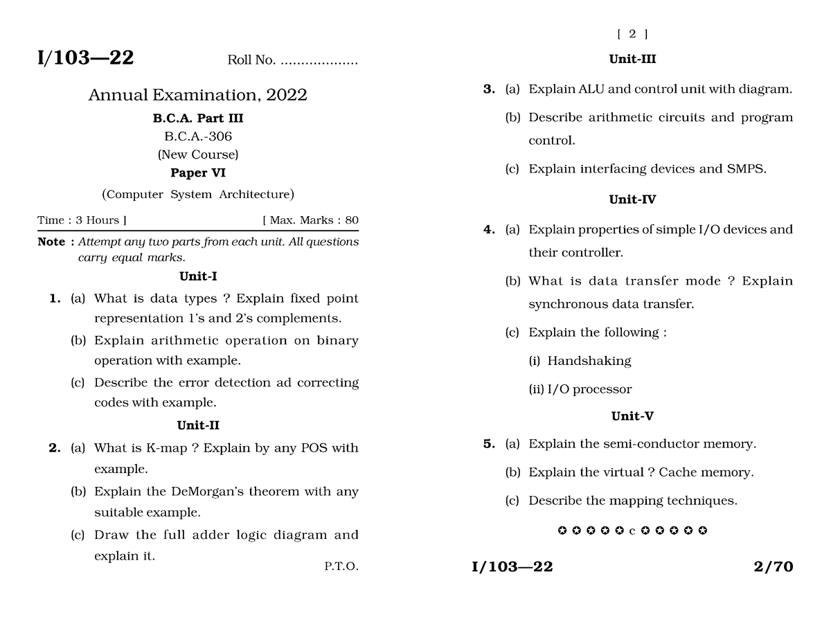 I-103-22 - BCA, Question Paper Of 2021 " COMPUTER SYSTEM ARCHITECTURE ...