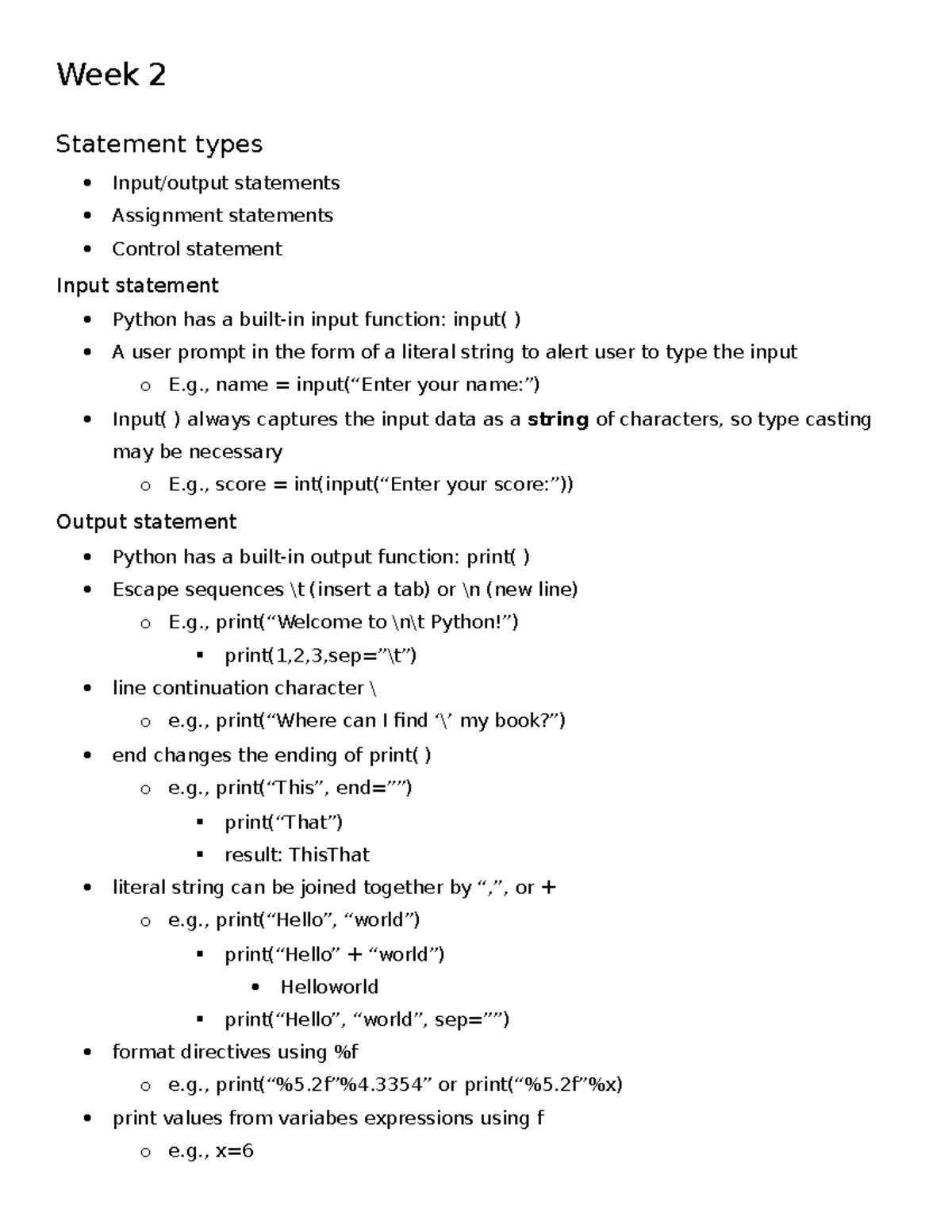 Week 2 - Week 2 Notes - Week 2 Statement types Input/output statements ...