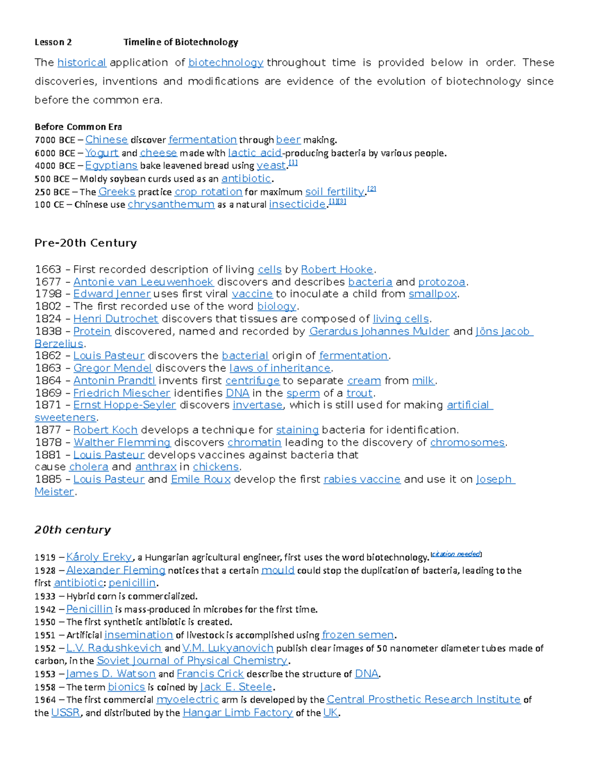 Lesson 2 Timeline of Biotechnology - Lesson 2 Timeline of Biotechnology ...