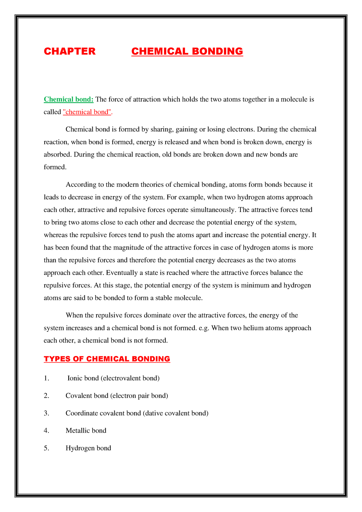 Chemical Bonding Chapter Chemical Bonding Chemical Bond The Force Of Attraction Which Holds