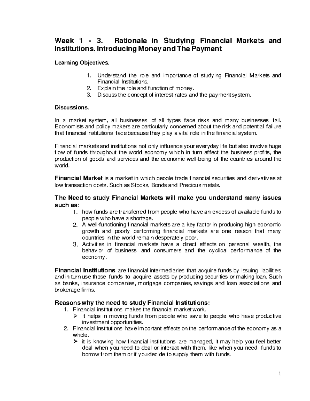 Rationale IN Studying Financial Markets AND Institutions - Week 1 3 ...