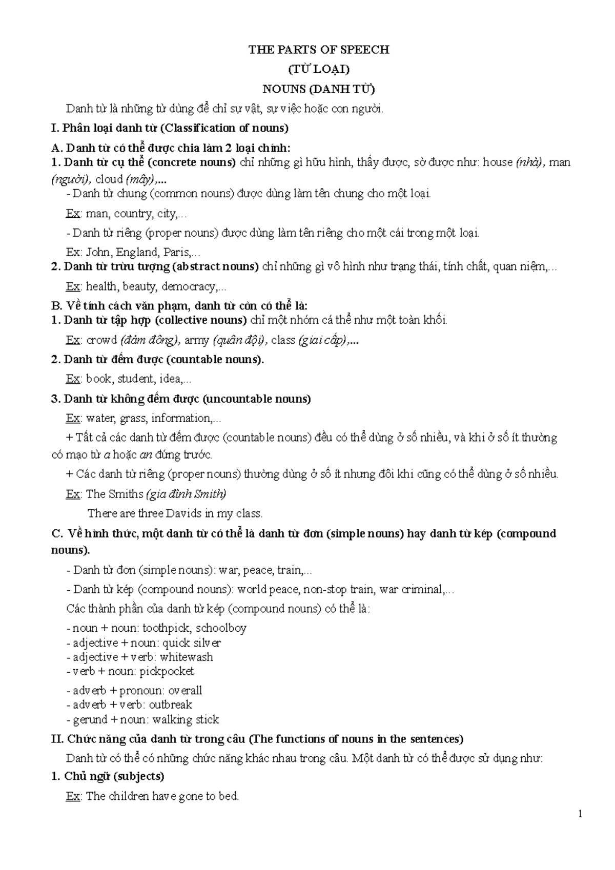 7. THE Parts OF Speech (Từ loại) - THE PARTS OF SPEECH (TỪ LOẠI) NOUNS ...