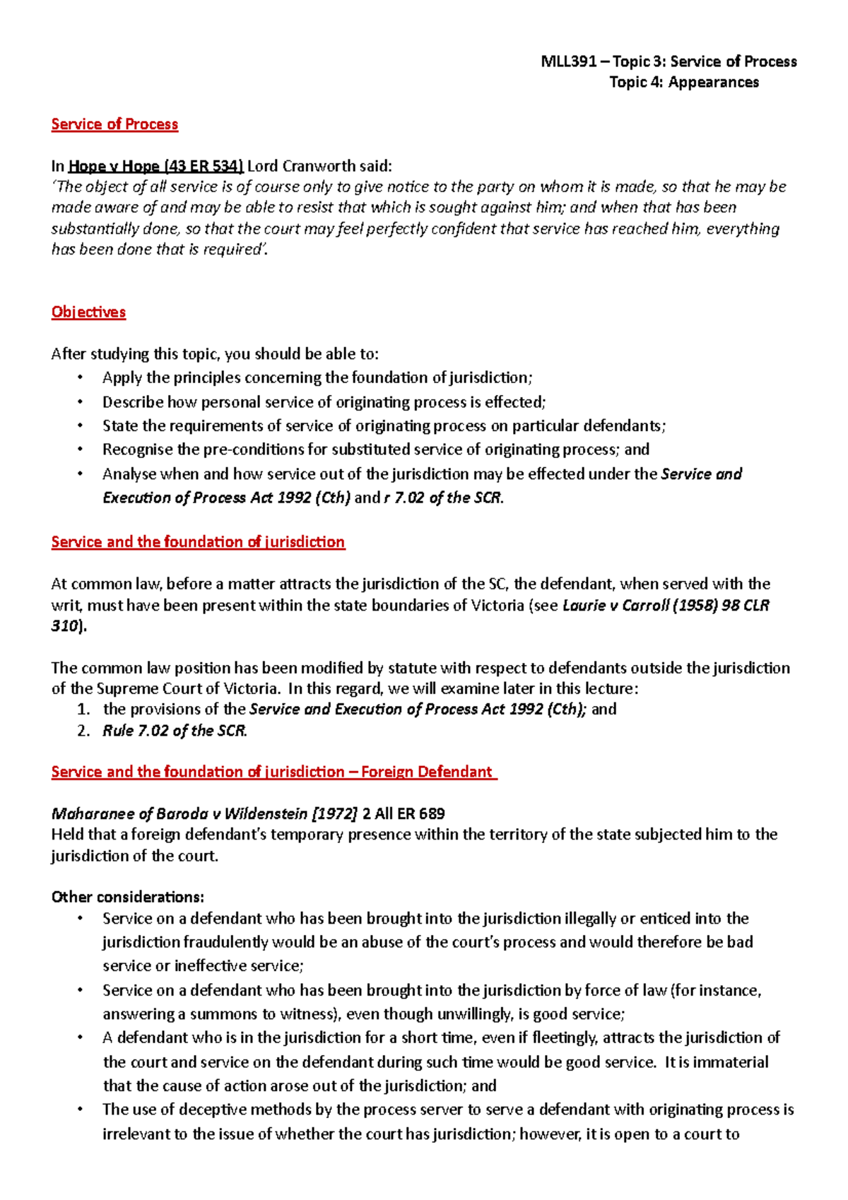 MLL391- Week 2 - Topic 4: Appearances Service Of Process In Hope V Hope ...