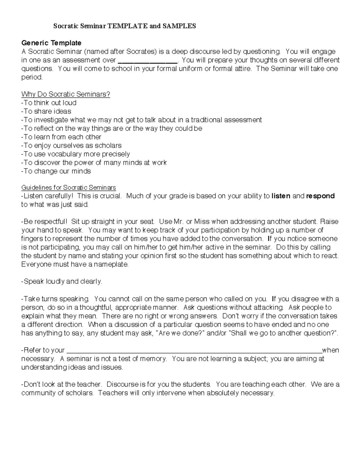 Socratic Seminar Template and Samples - Generic Template A Socratic ...