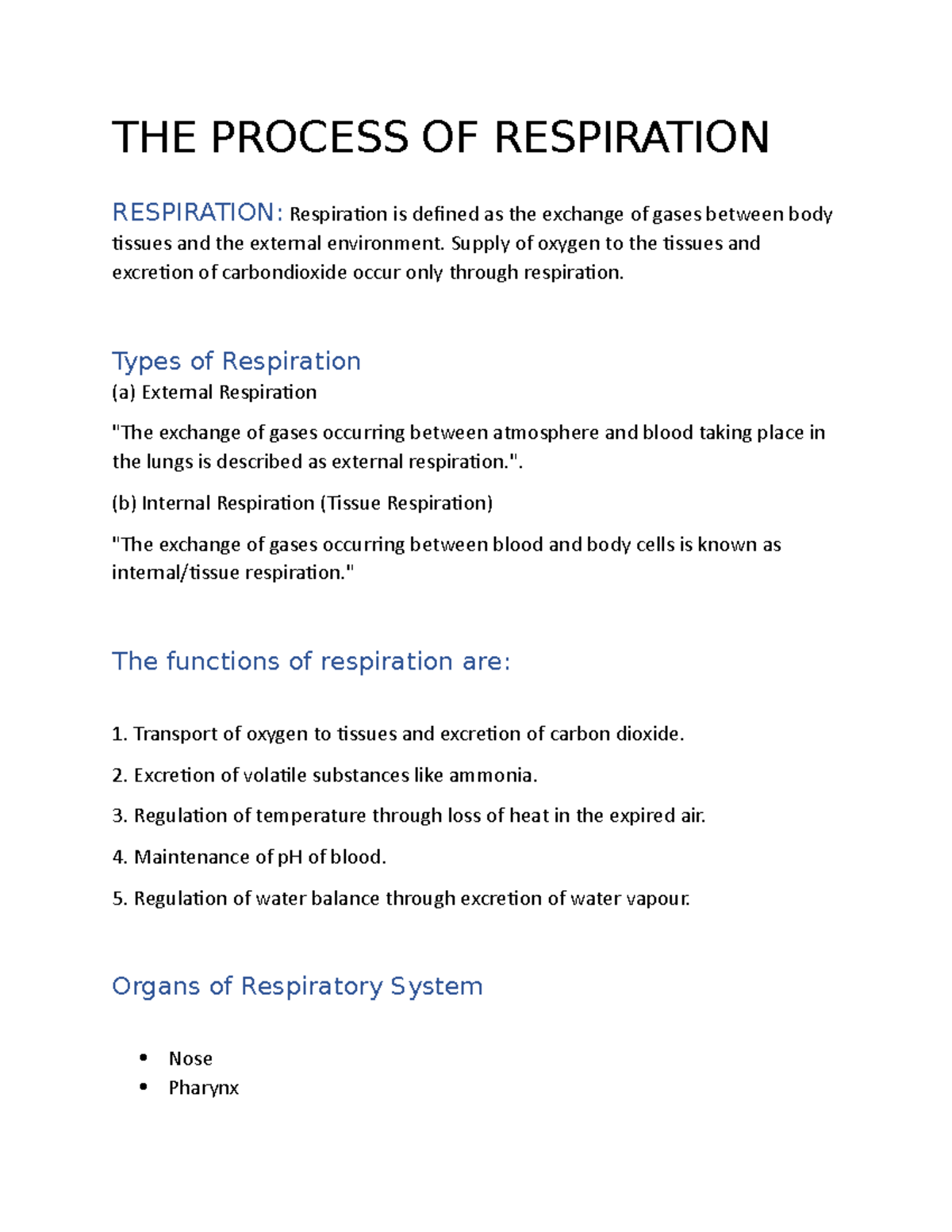 THE Process OF Respiration - THE PROCESS OF RESPIRATION RESPIRATION ...