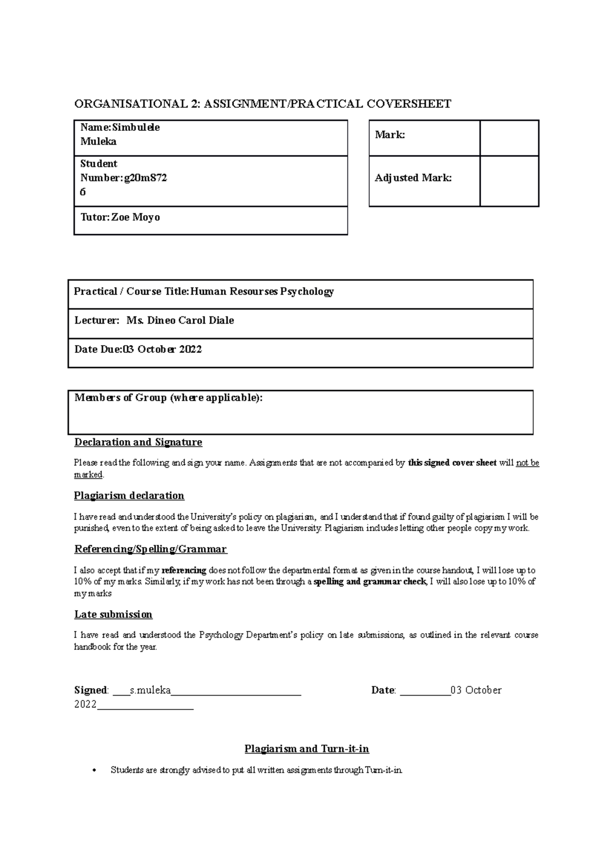 Org psych HR assignment - ORGANISATIONAL 2: ASSIGNMENT/PRACTICAL ...