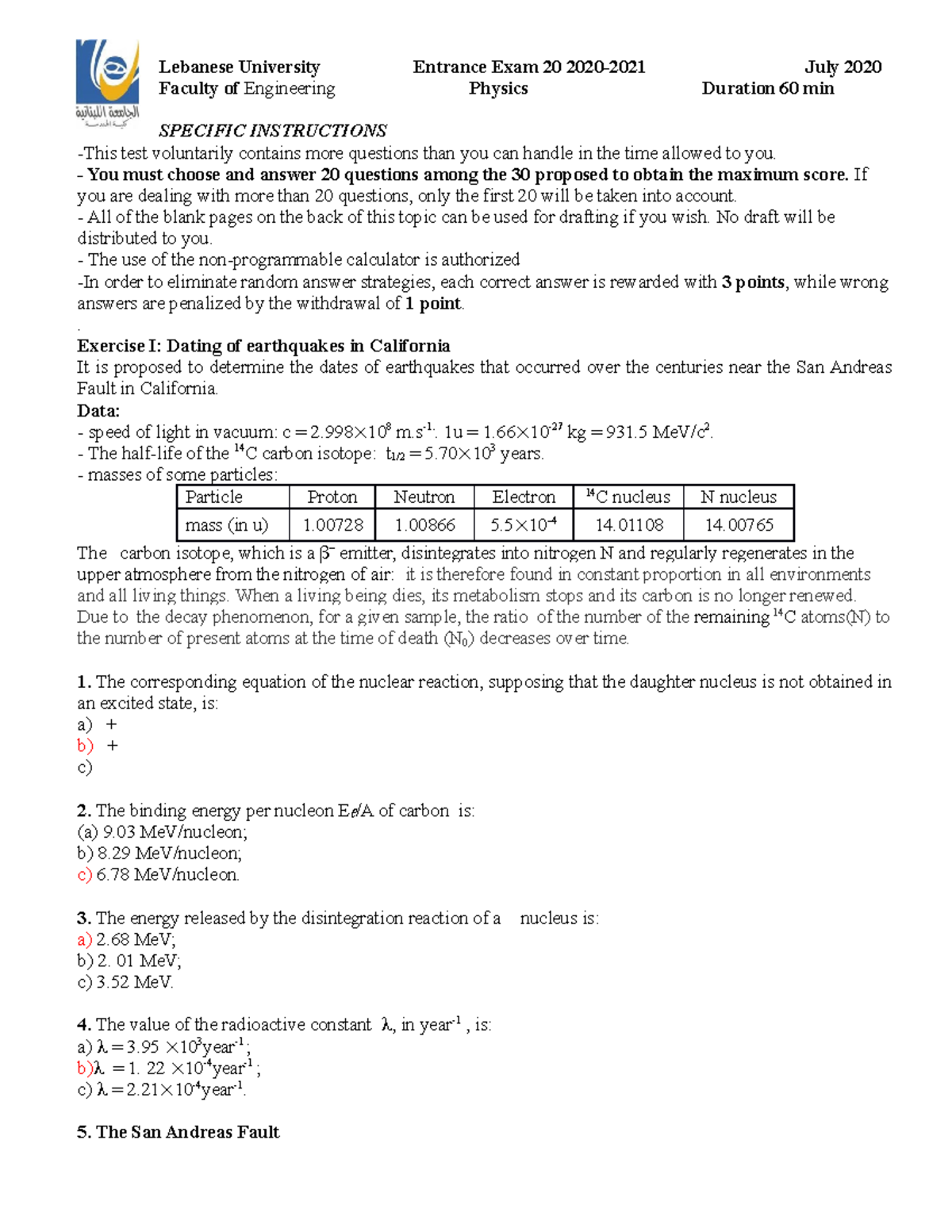 Sample physics entrance exam 2020 2021 - Lebanese University Entrance ...