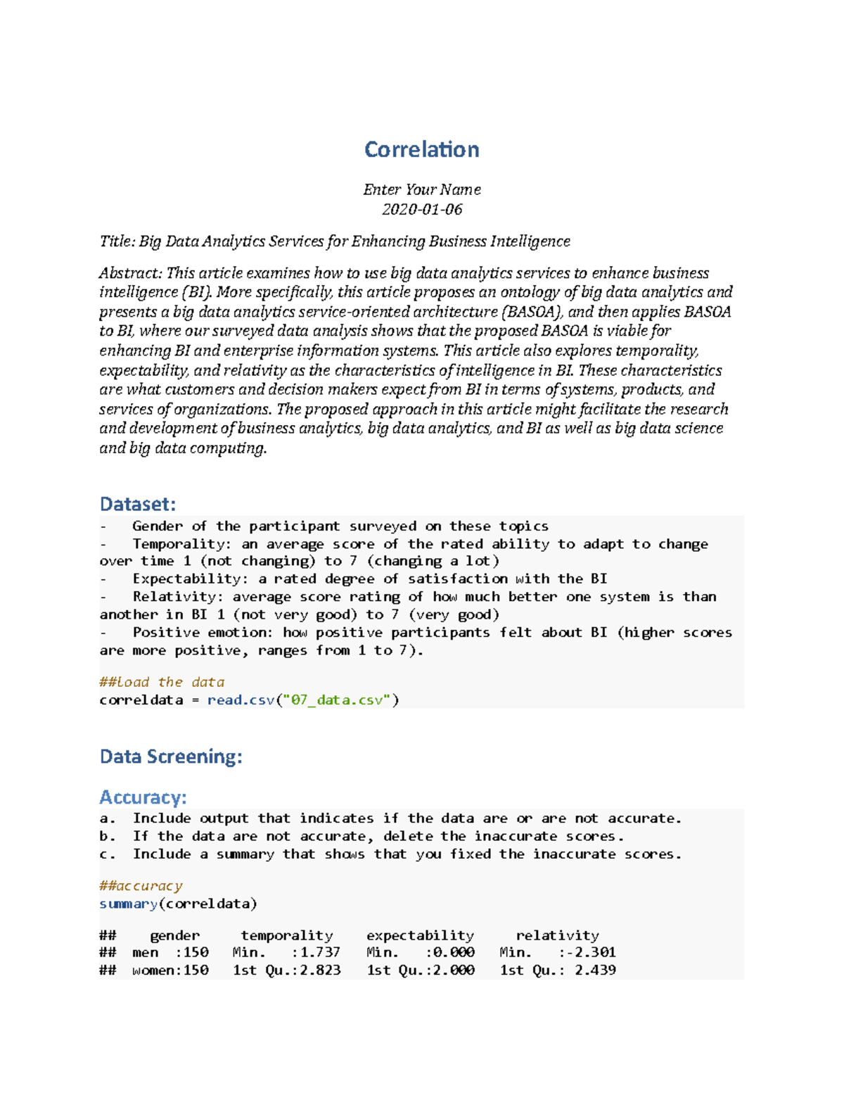 Correlation - Correlation Enter Your Name 2020-01- Title: Big Data ...