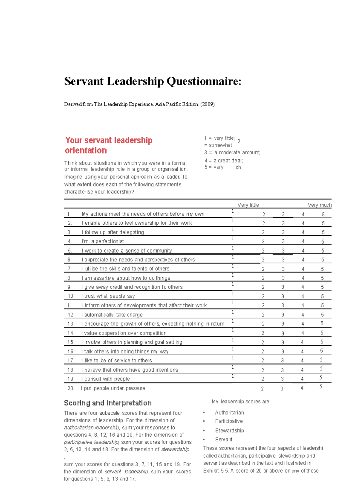 Servant Leadership Orientation Questionnaire (Week 10) - Servant ...