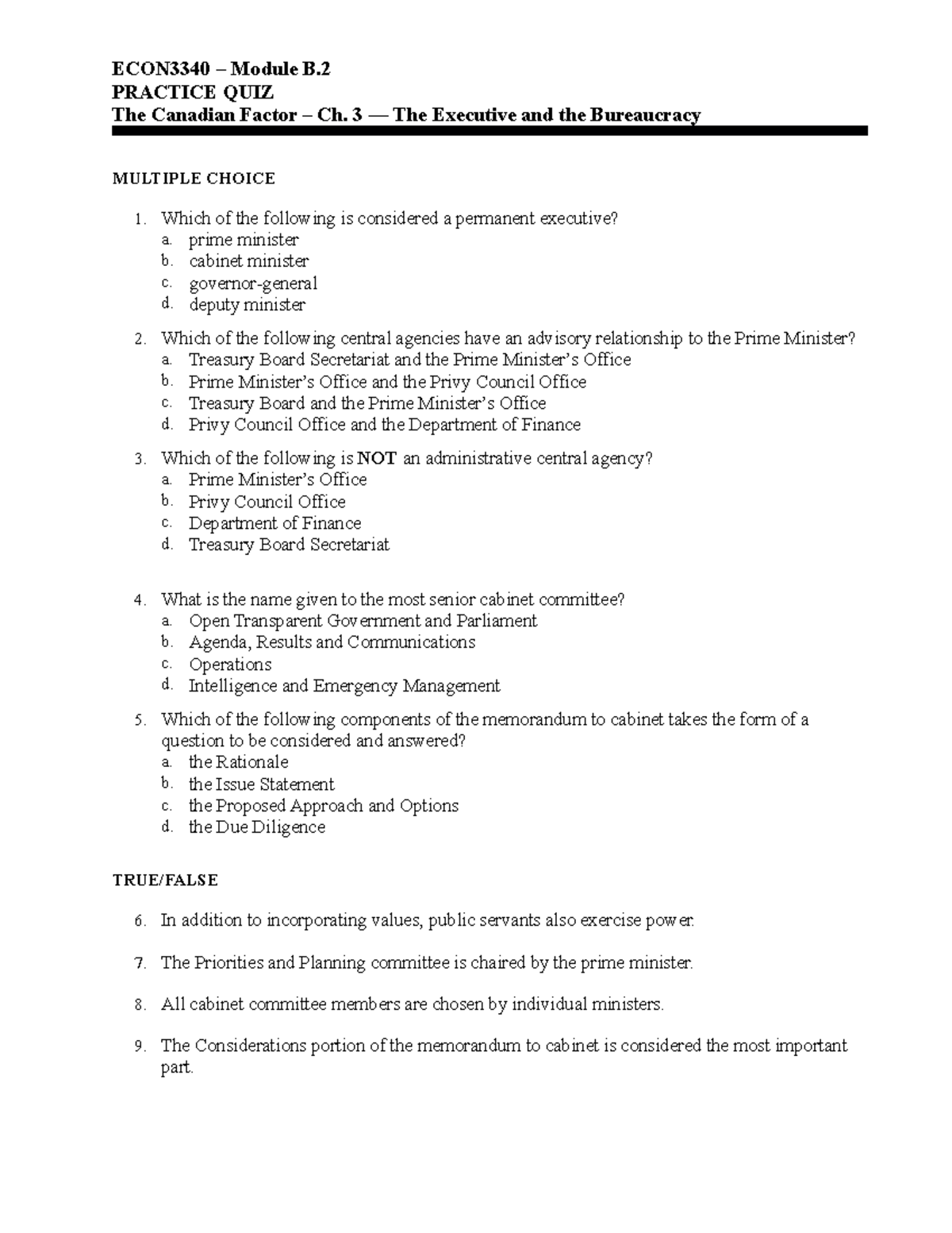 Module B.2 - Ch 3 Practice Quiz The Executive and the Bureaucracy KEY ...