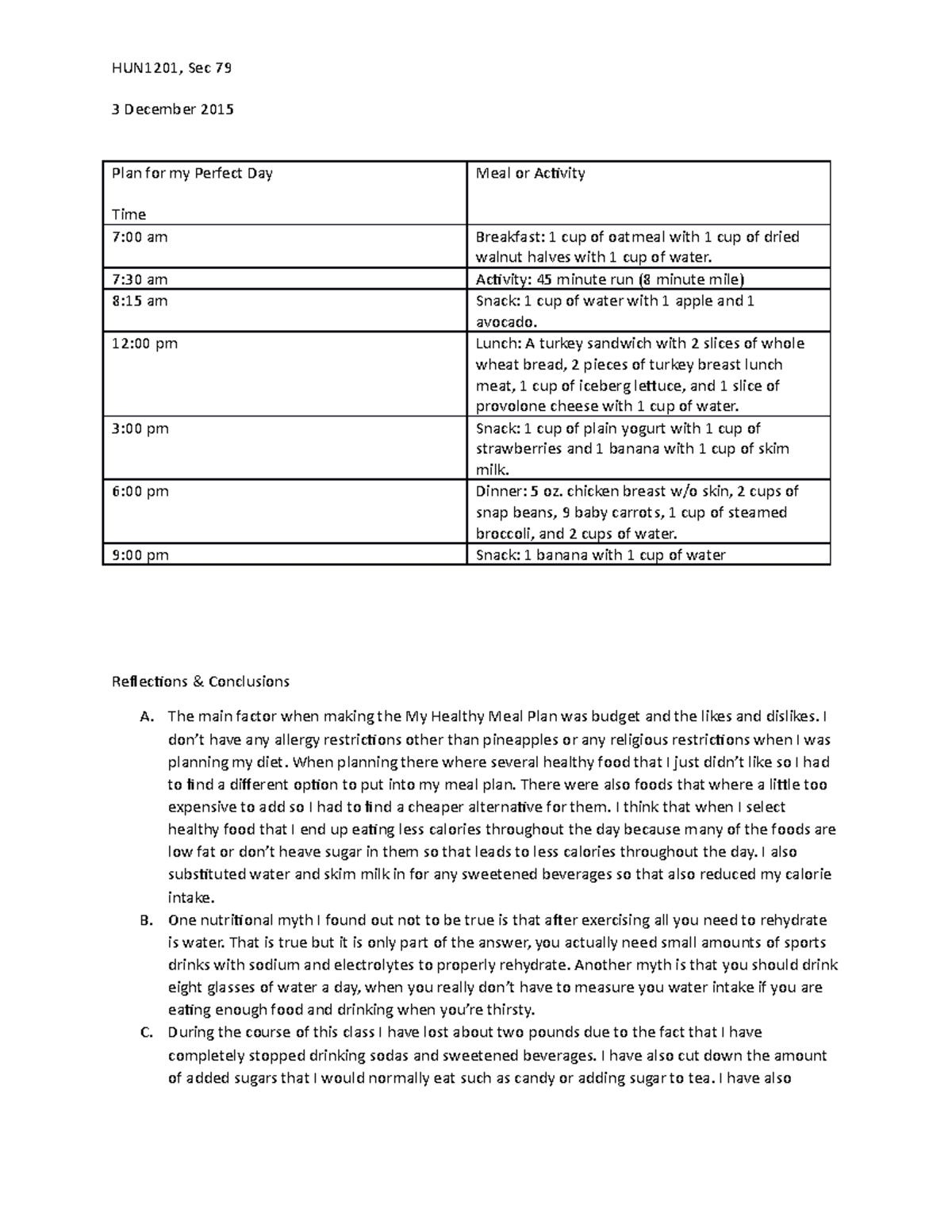 My Healthy Meal Plan Meal Plan HUN1201 Sec 79 3 December 2015 Plan