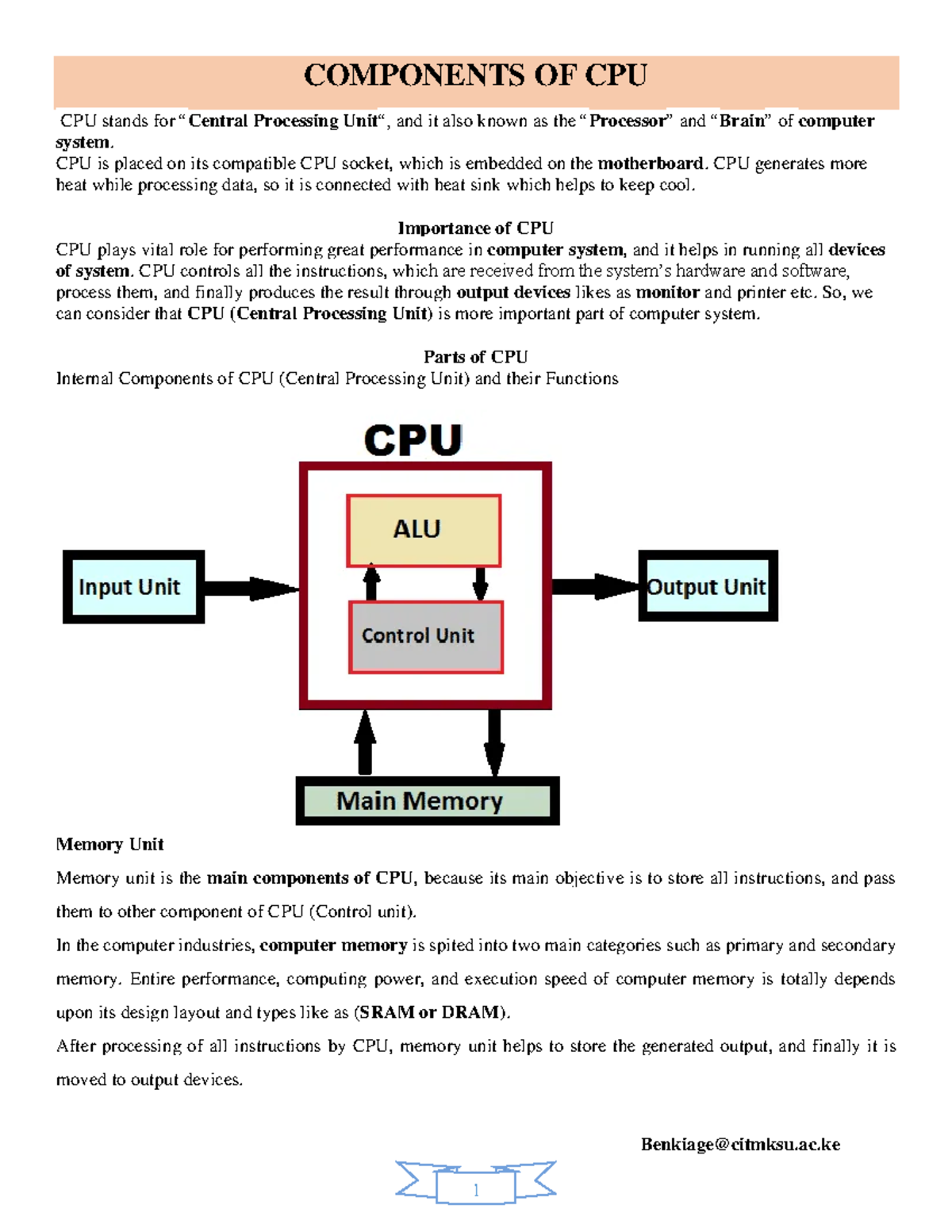 COA Lecture 3 BNC Good Benkiagecitmksu.ac COMPONENTS OF CPU CPU