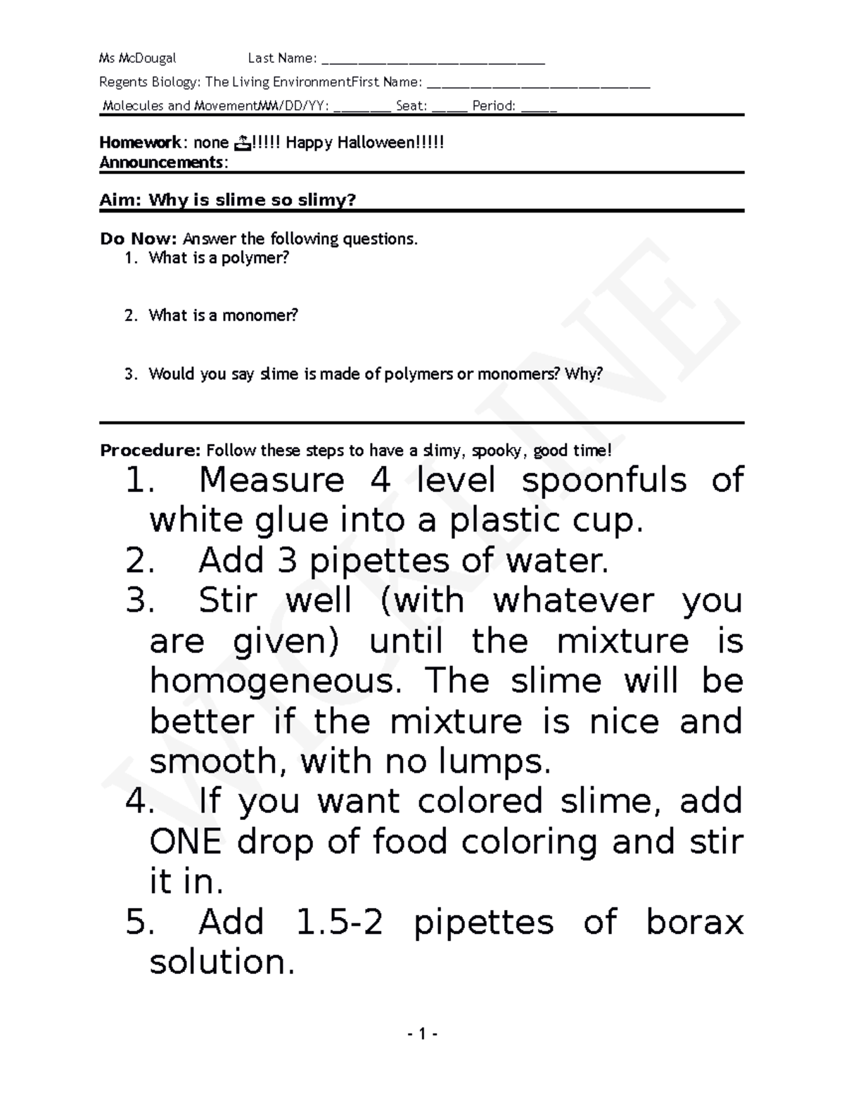 Halloween Slime Ms McDougal Last Name