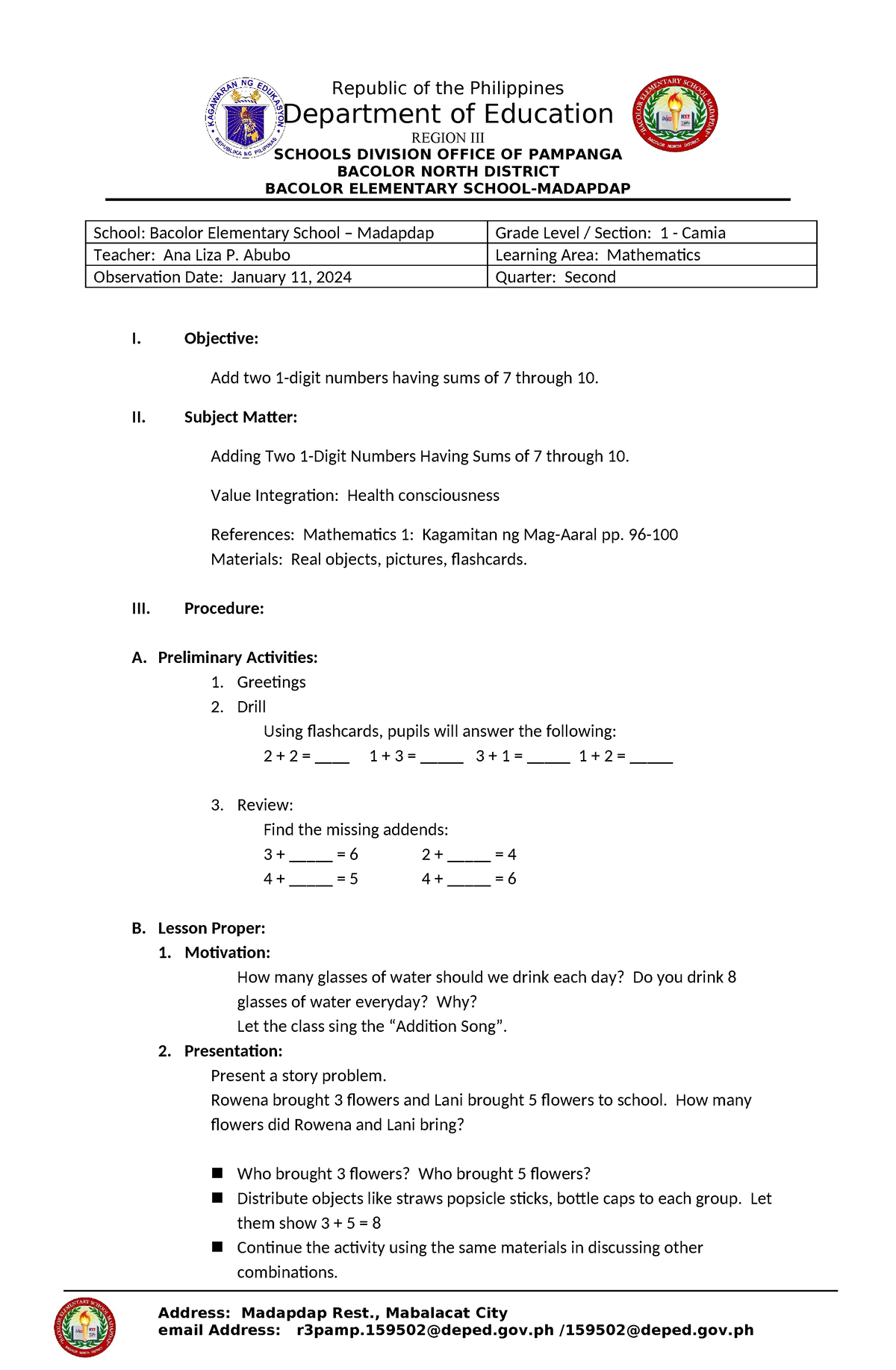 Lesson Plan Math 1 Cot2 Republic Of The Philippines Department Of Education Region Iii Schools 1214