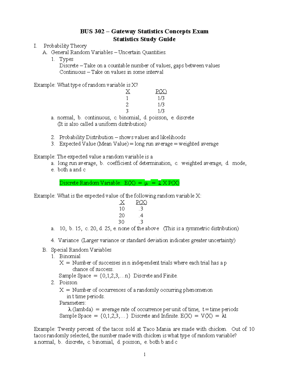 Lecture 21 Notes - Statistics Concepts Study Guide - BUS 302 – Gateway ...