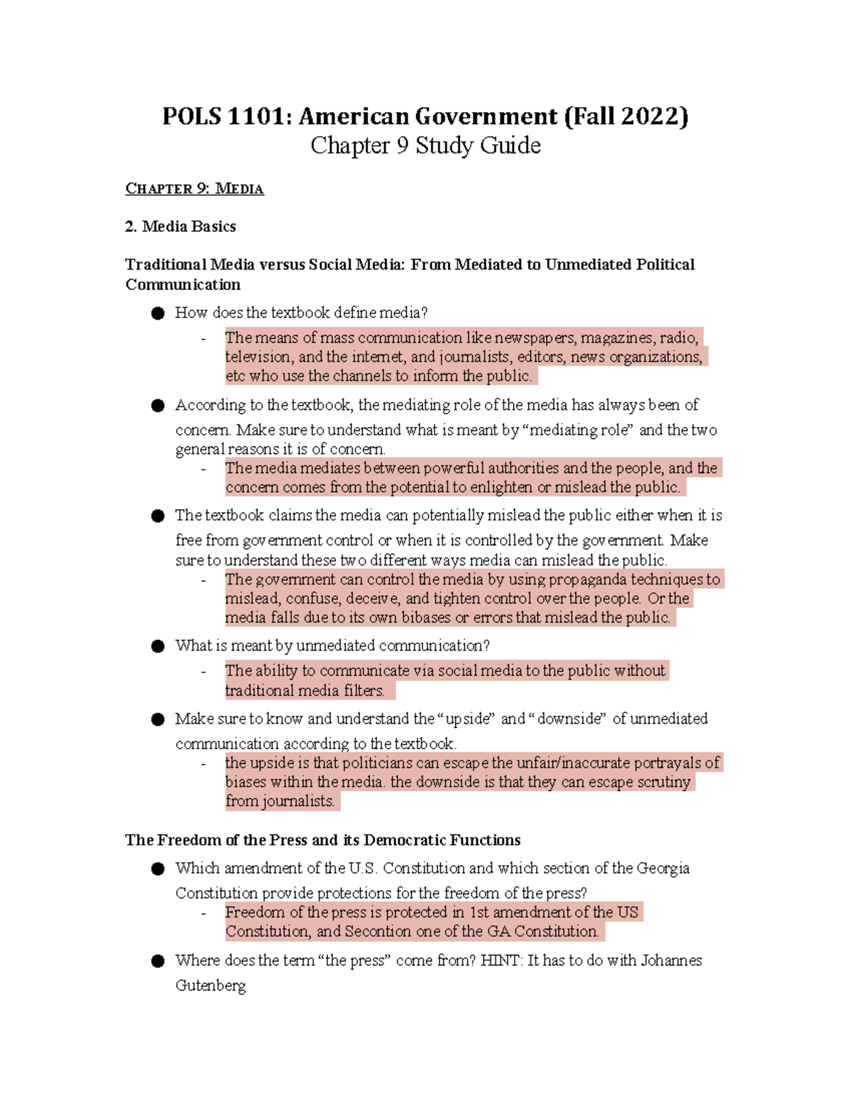 Exam 3, Ch. 9 Study Guide F22 - POLS 1101: American Government (Fall ...