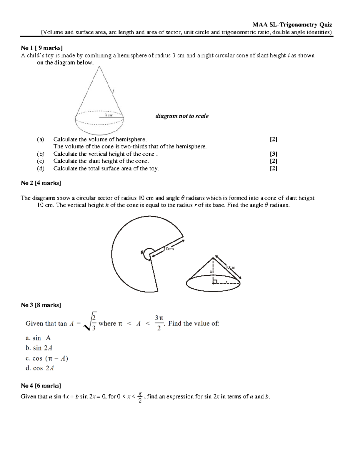 Trigonometry Quiz 2020 - MAA SL-Trigonometry Quiz (Volume and surface ...