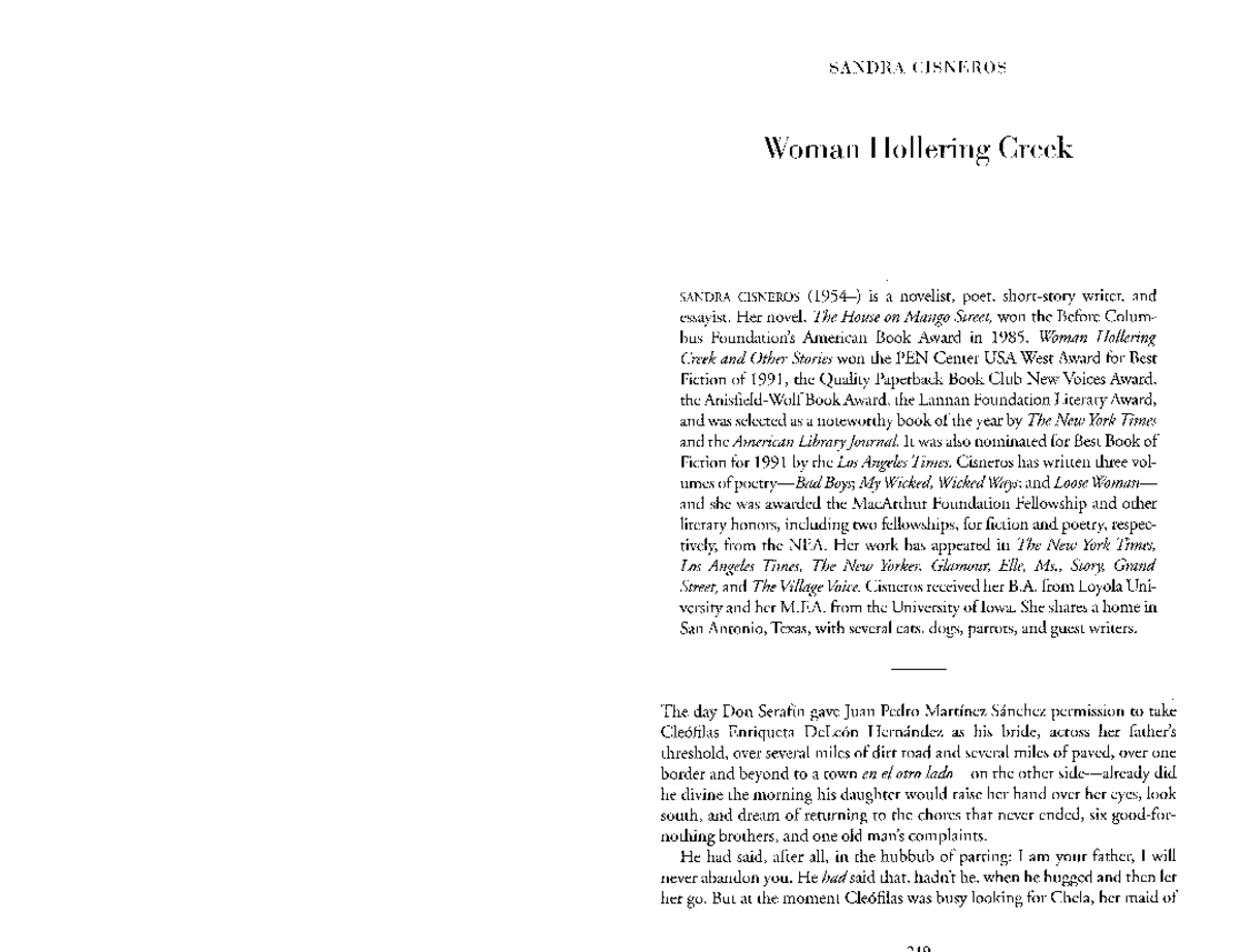Woman Hollering Creek ENG 130 Required Reading ENG 130 Studocu